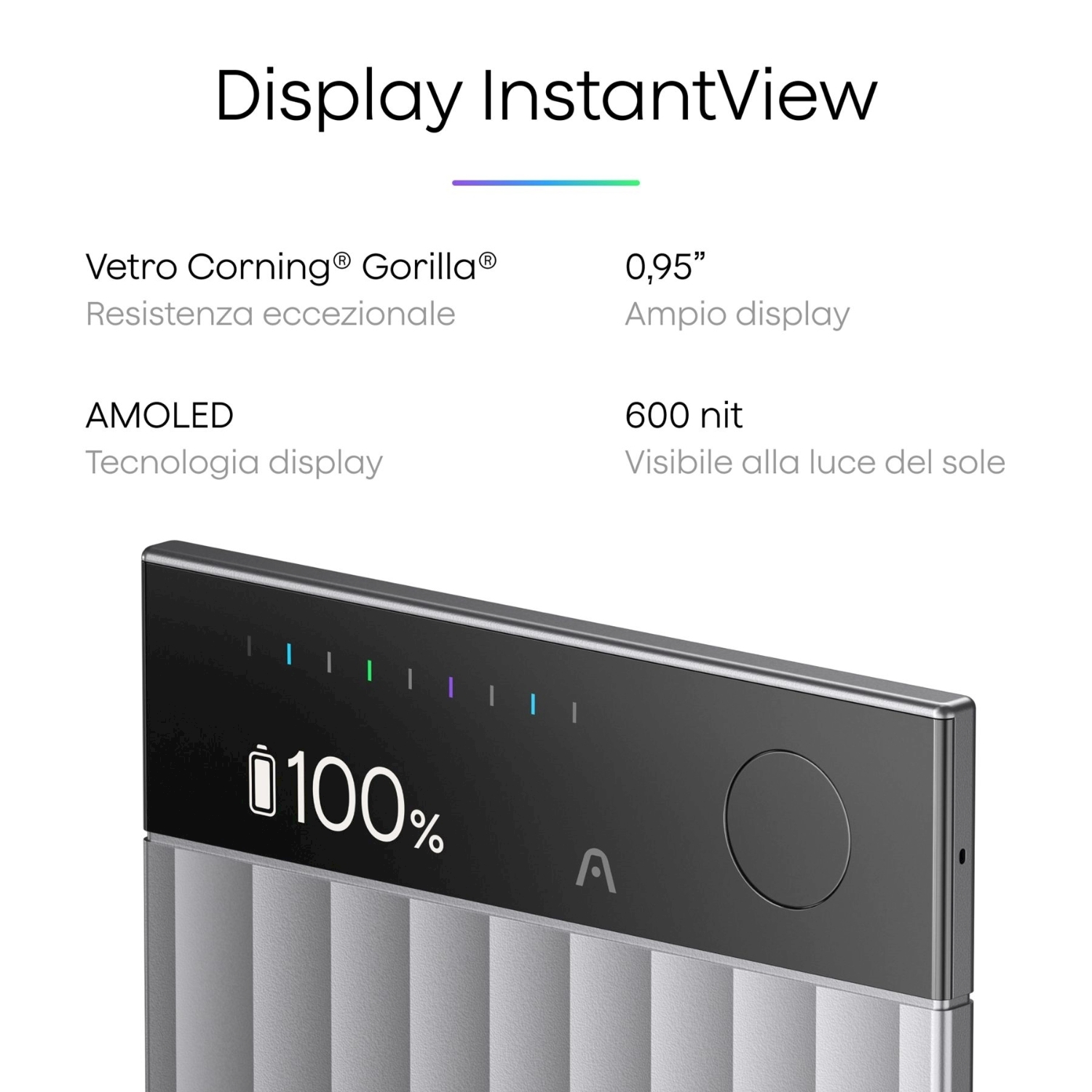 Primo piano di un dispositivo nero e argento che mostra un display con batteria al 100%. Il testo in alto recita 'Display InstantView'.