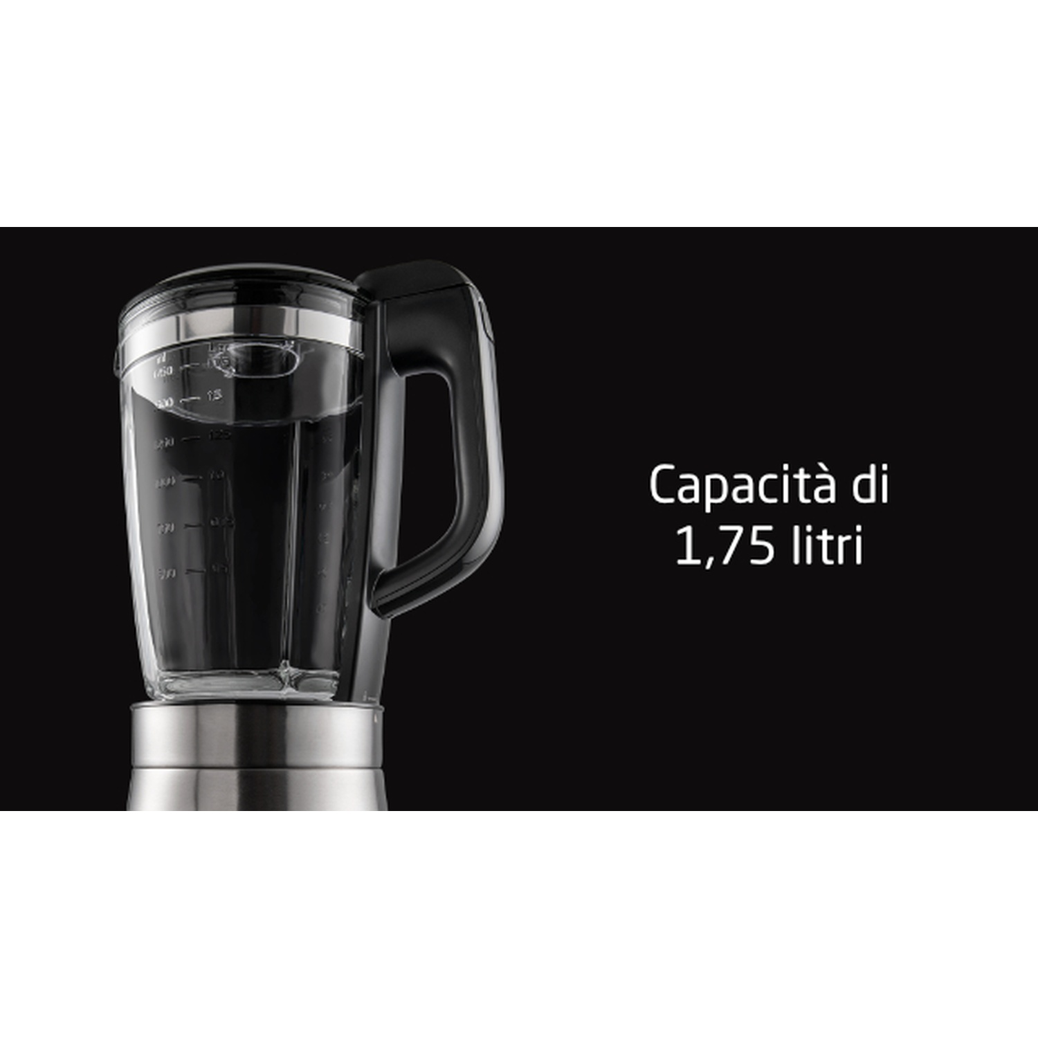 Un frullatore con manico nero e contenitore in vetro. Il testo 'Capacità di 1,75 litri' è a destra.