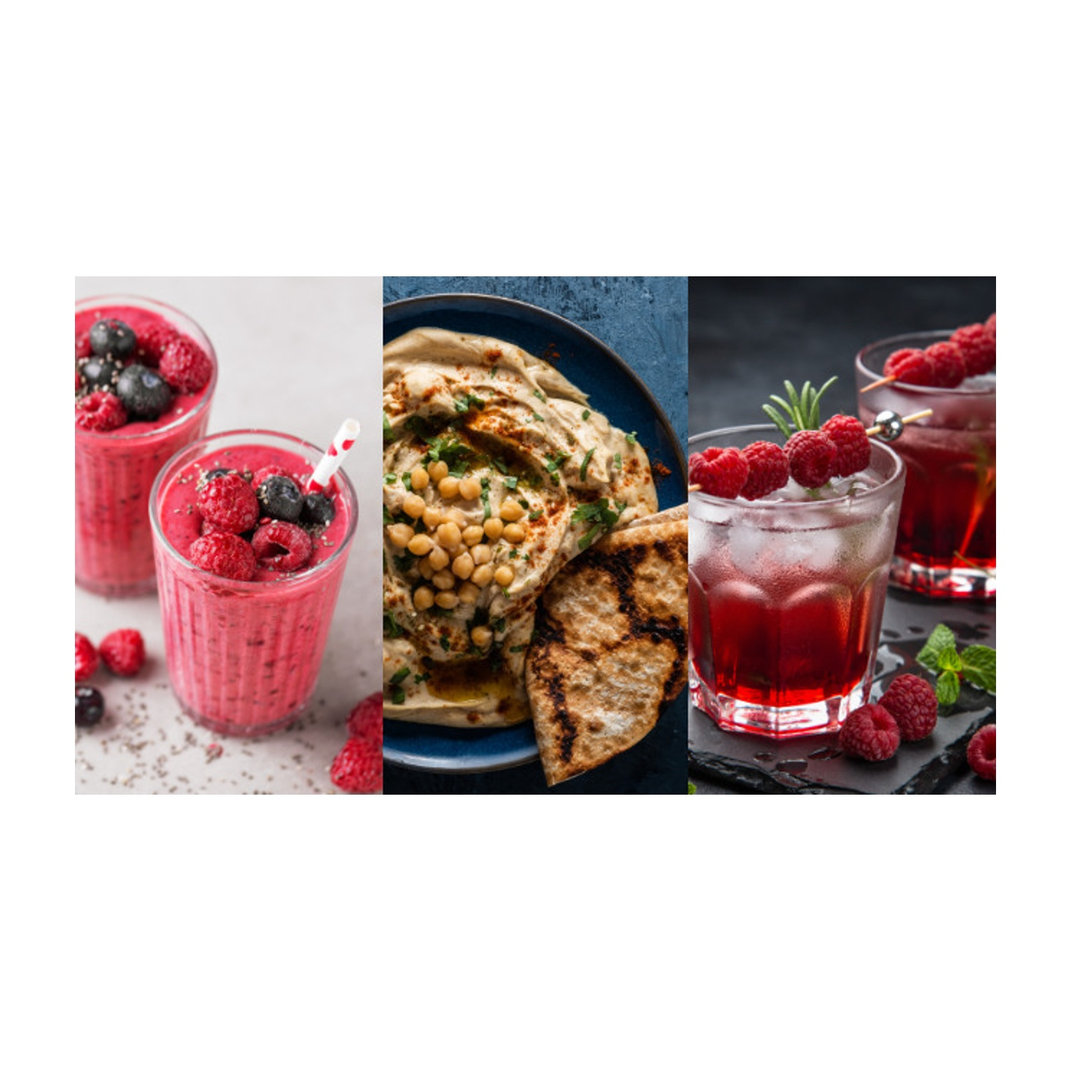 Un collage con frullato rosso ai frutti di bosco, hummus con pane pita e cocktail ai lamponi con menta fresca.