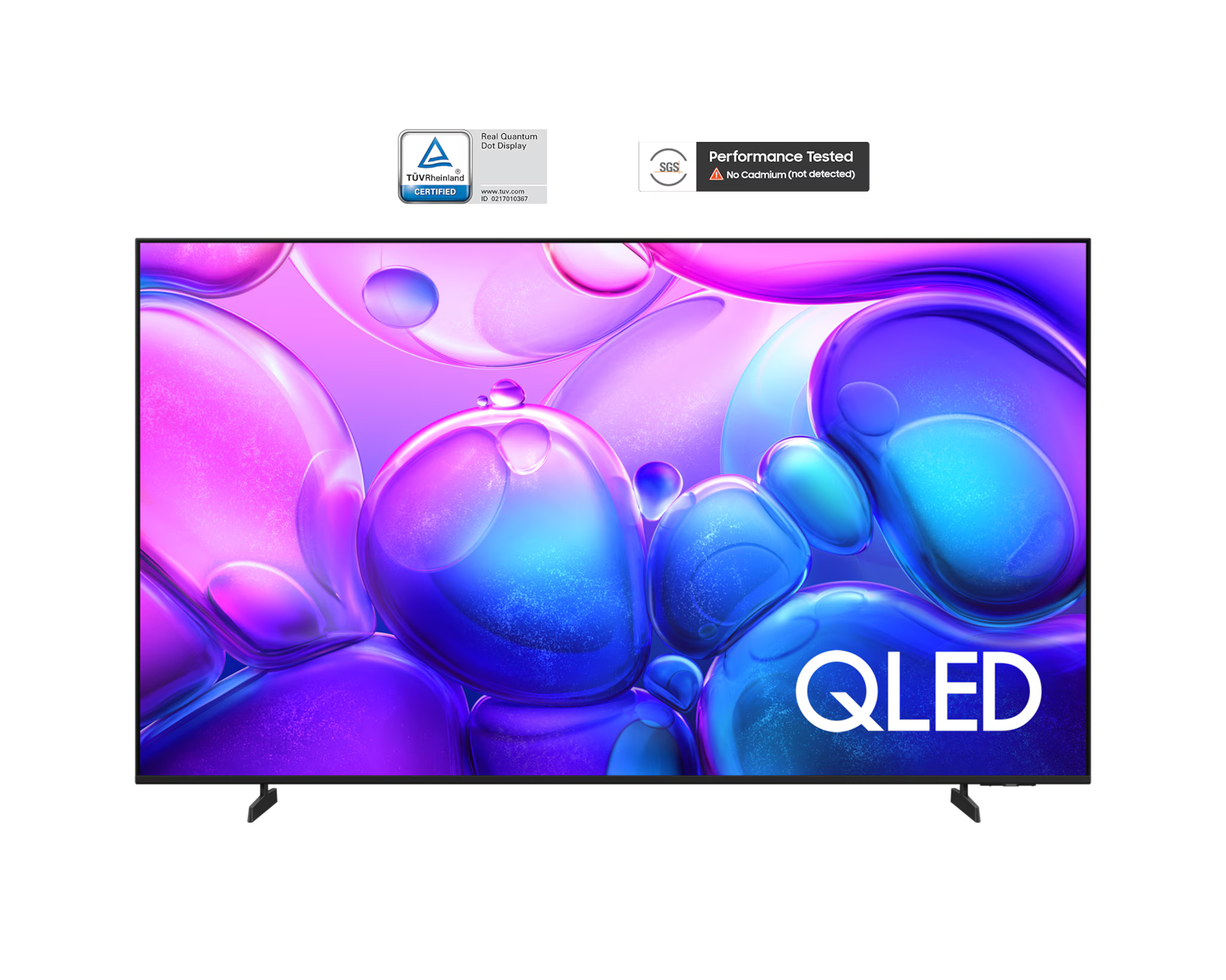 QLED TV kék és lila buborékok vibráló kijelzőjével. A minősítések logói felül.