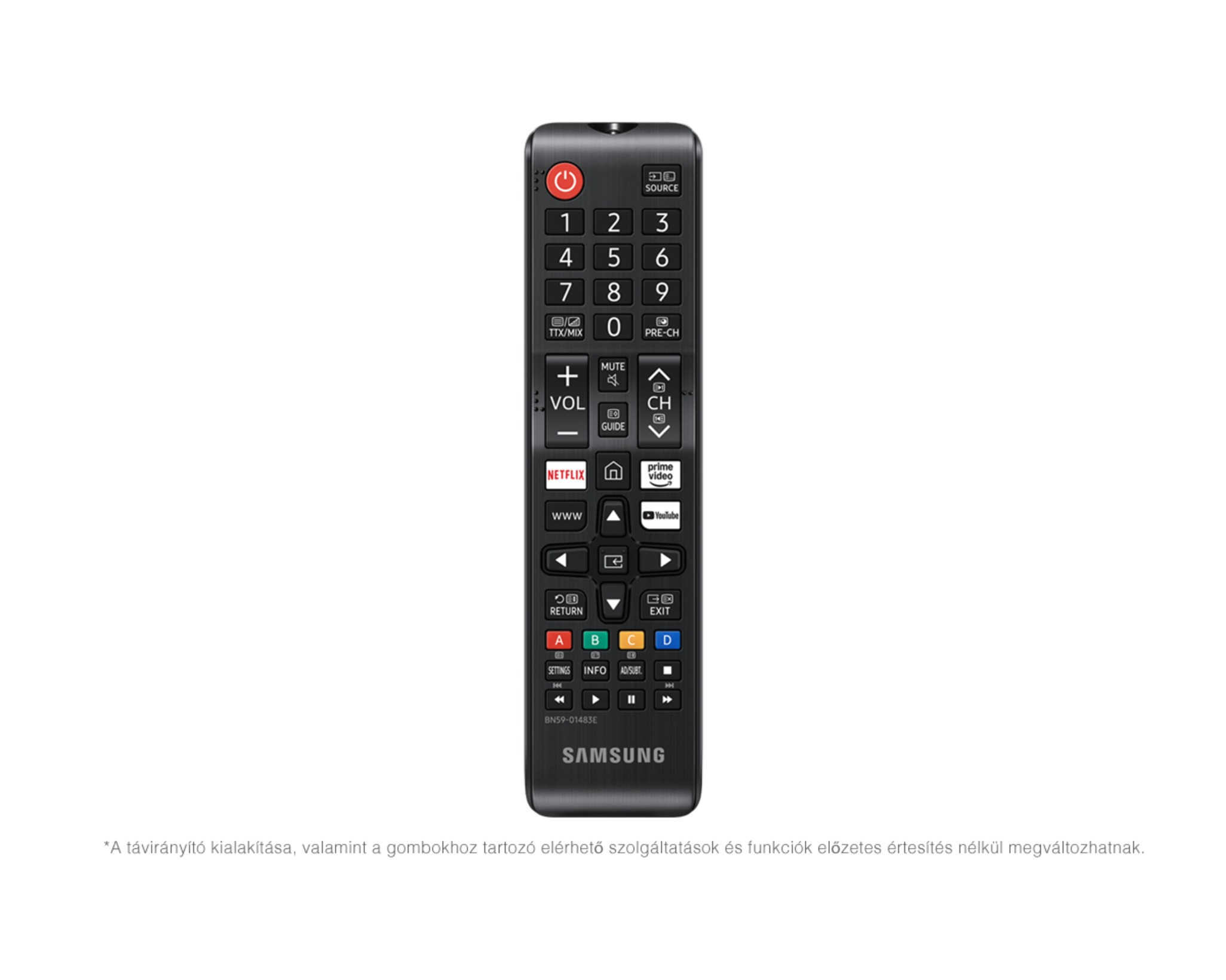 Fekete Samsung távirányító számos gombbal, beleértve a számokat, a hangerőt, a csatornát és a streaming szolgáltatásokat.
