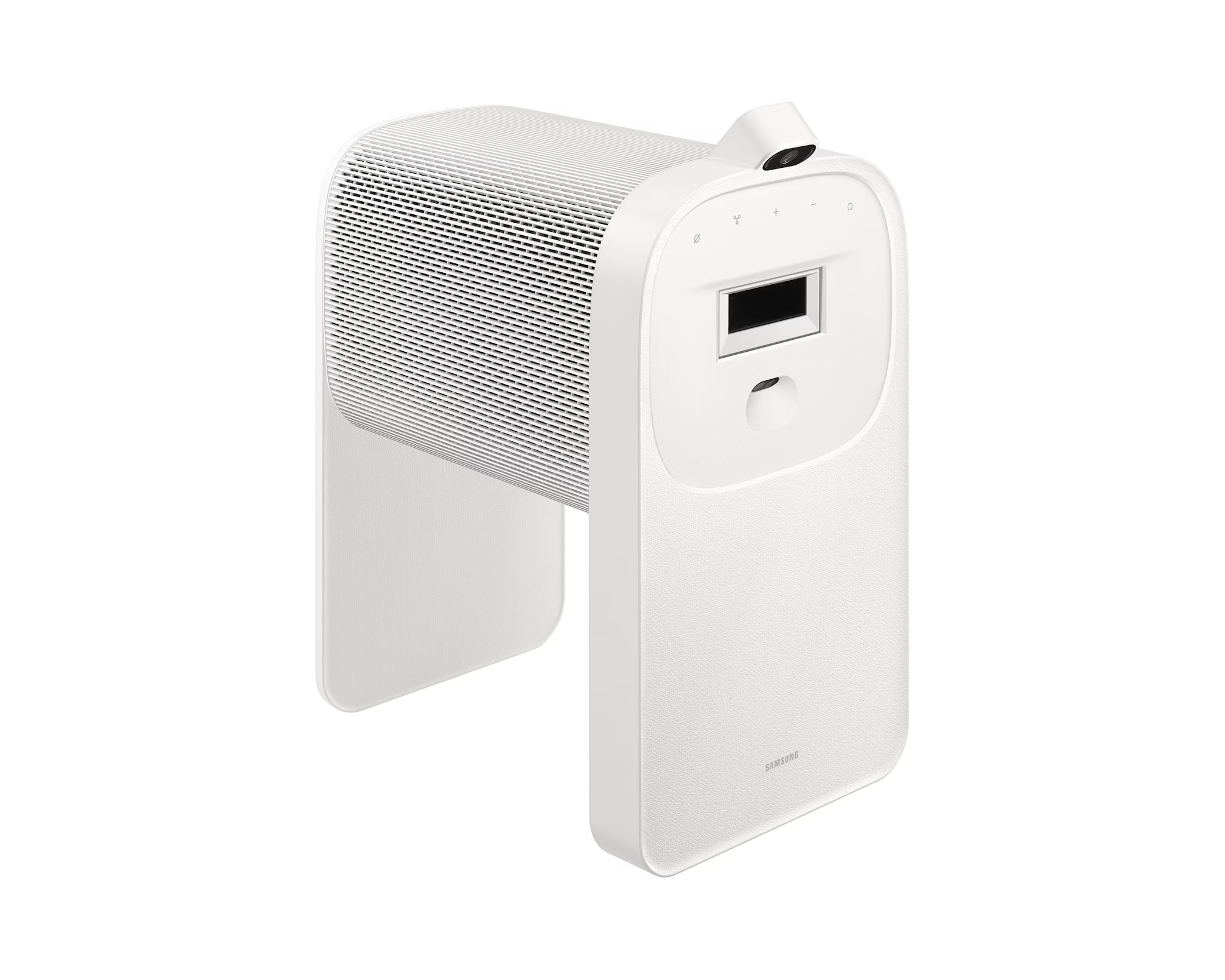 Egy fehér Samsung készülék, hengeres hangszóróval, téglalap alakú képernyővel és kamerával.