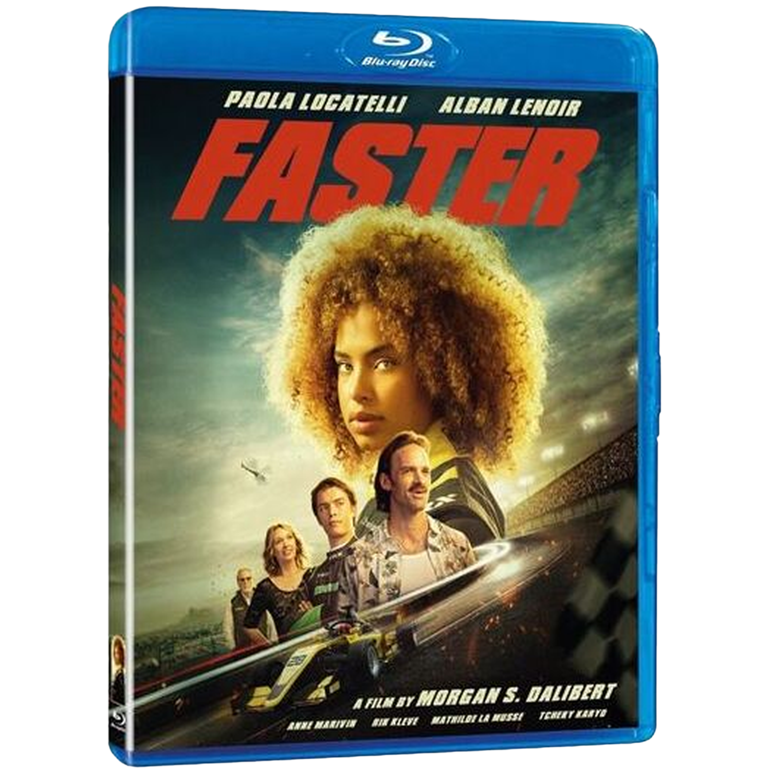 Blu-ray cover van 'Faster'. Toont een vrouw met krullend haar, acteurs, een raceauto en de titel in het rood.