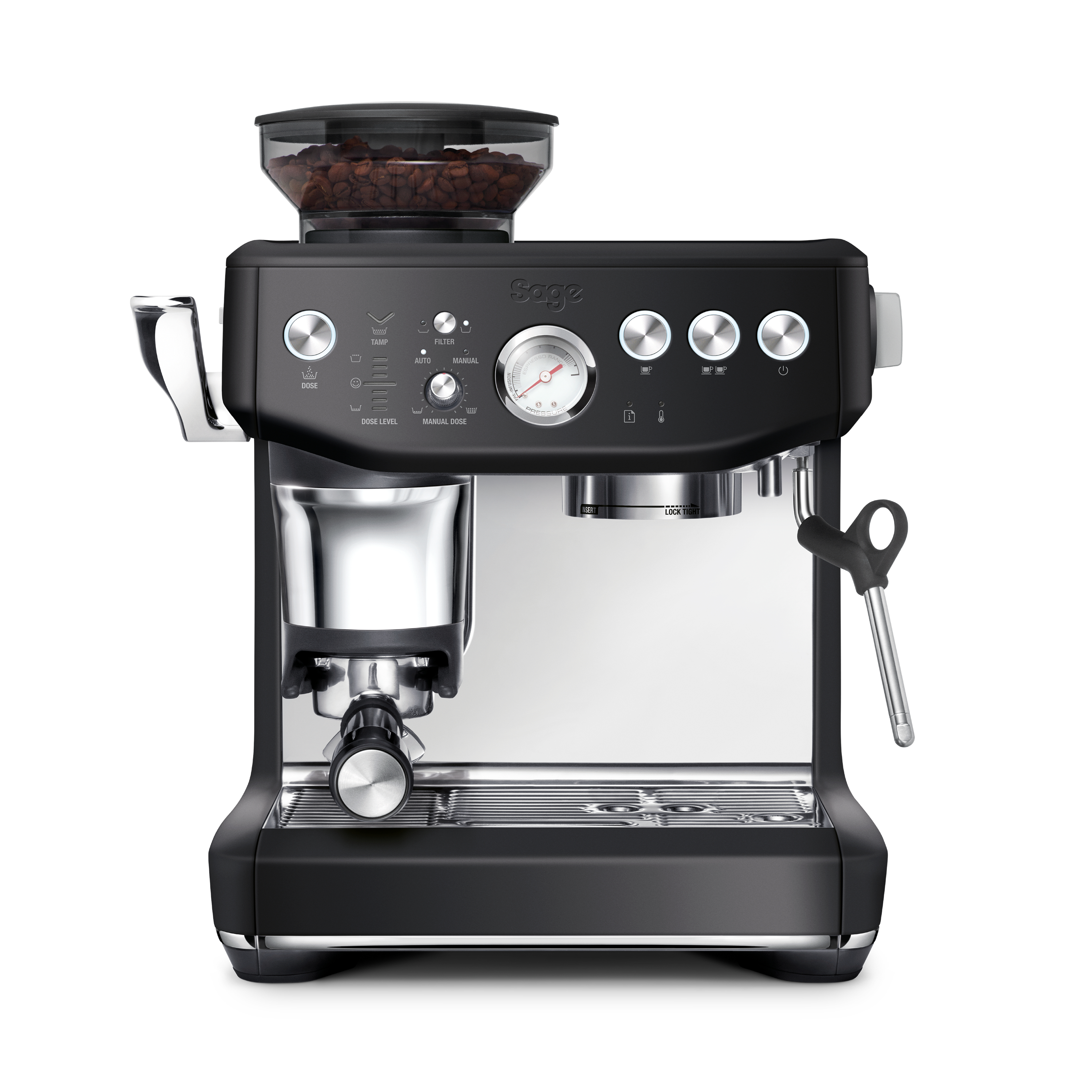 Schwarze Sage Espressomaschine mit Kaffeebohnen im Trichter, Zifferblätter, Messgerät und Dampflanze auf weißem Hintergrund.