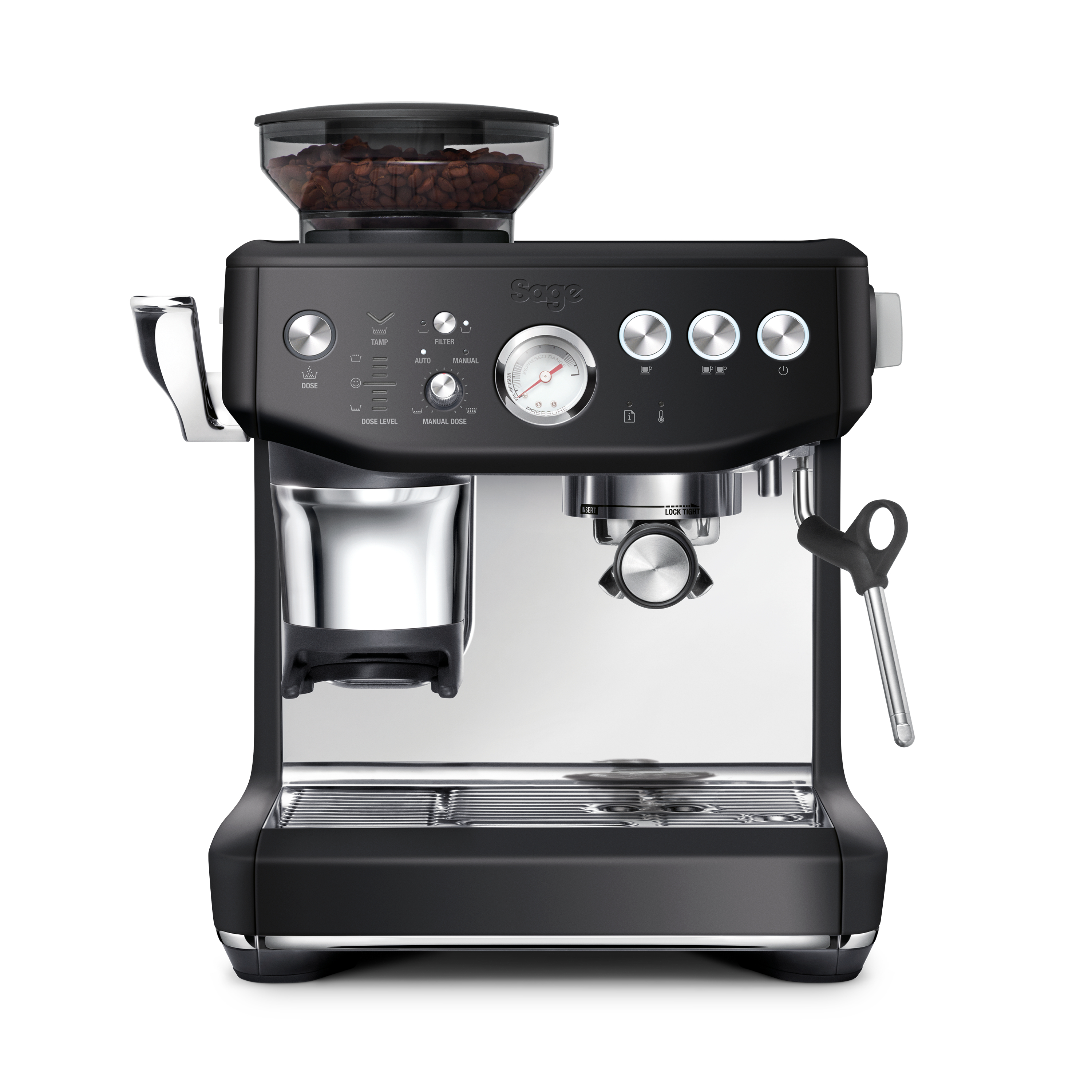 Schwarze Sage Espressomaschine mit Kaffeebohnen, Messgeräten und Chromakzenten, isoliert auf weißem Hintergrund.
