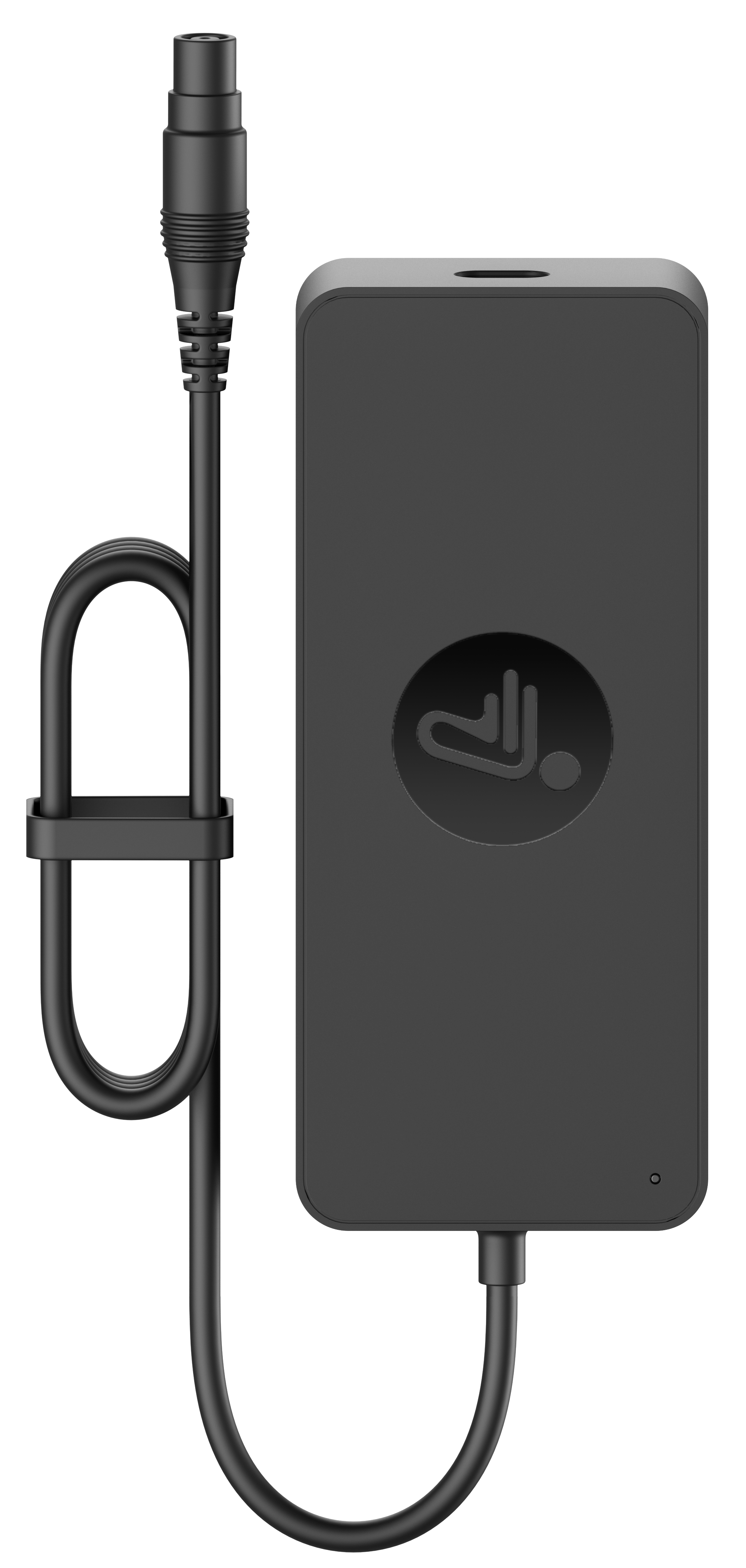 Ein schwarzes Gerät mit angeschlossenem Kabel. Das Gerät hat ein Logo und ein kleines Licht. Das Kabel ist geschlungen.