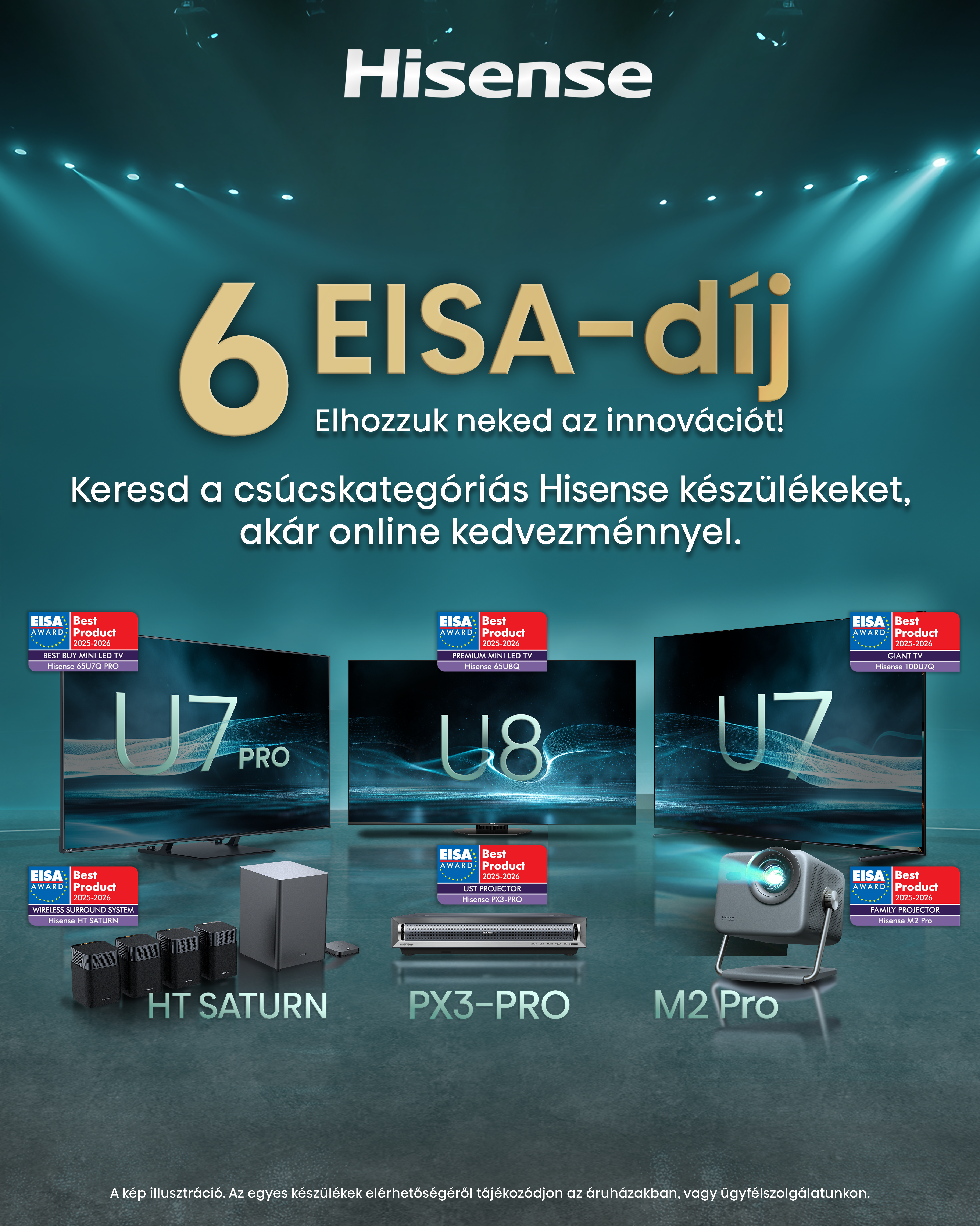 Hisense hirdetés '6 EISA-díj'-jal, TV-kkel, projektorral és hangrendszerekkel, a 'Best Product' díjakat mutatva.