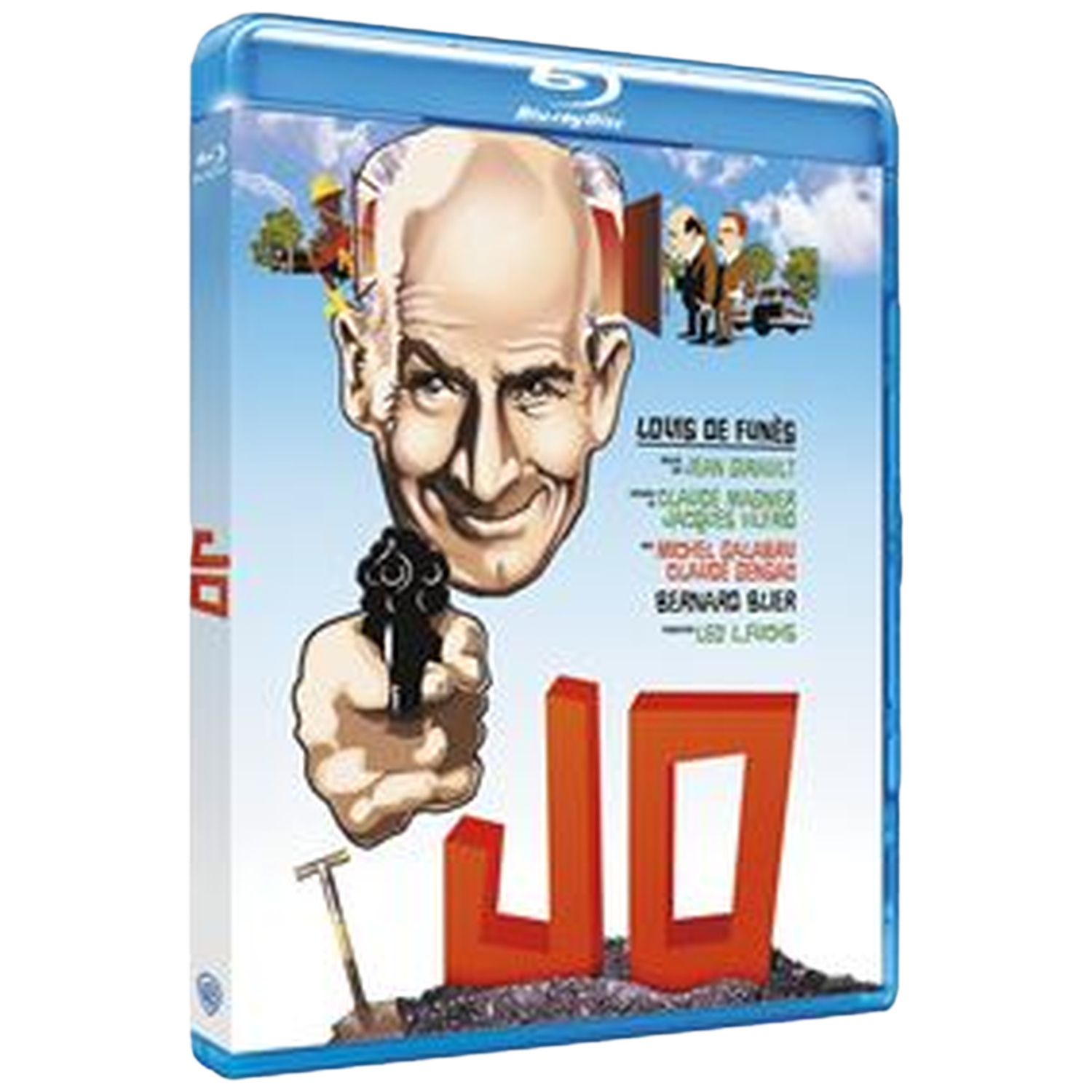 Blu-ray cover van de film 'Jo'. Toont Louis de Funès met een pistool. Rode 'JO' letters en een achtergrond met mensen.