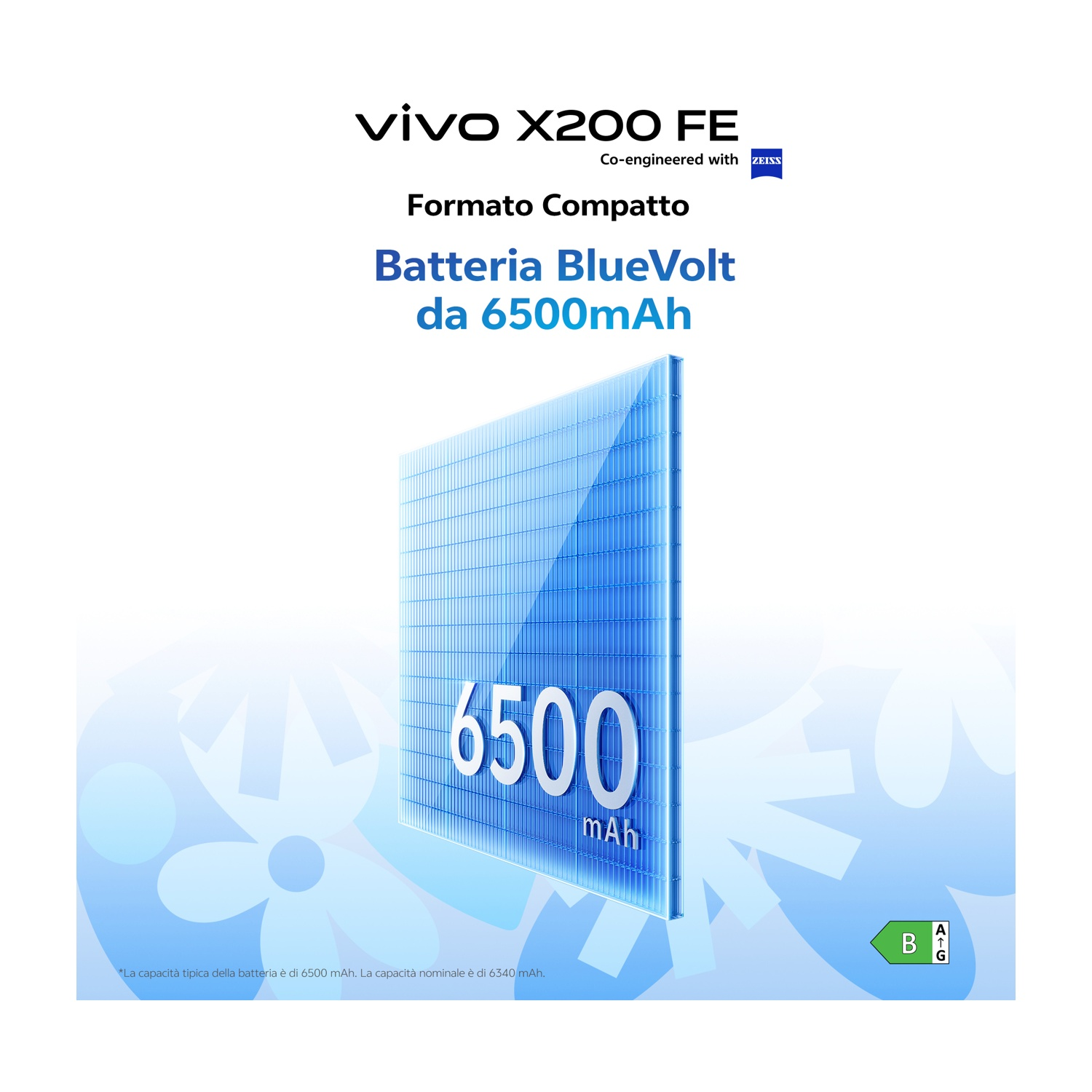 Una pubblicità per un telefono Vivo X200 FE. Mette in evidenza una batteria BlueVolt da 6500 mAh, racchiusa in una griglia blu.