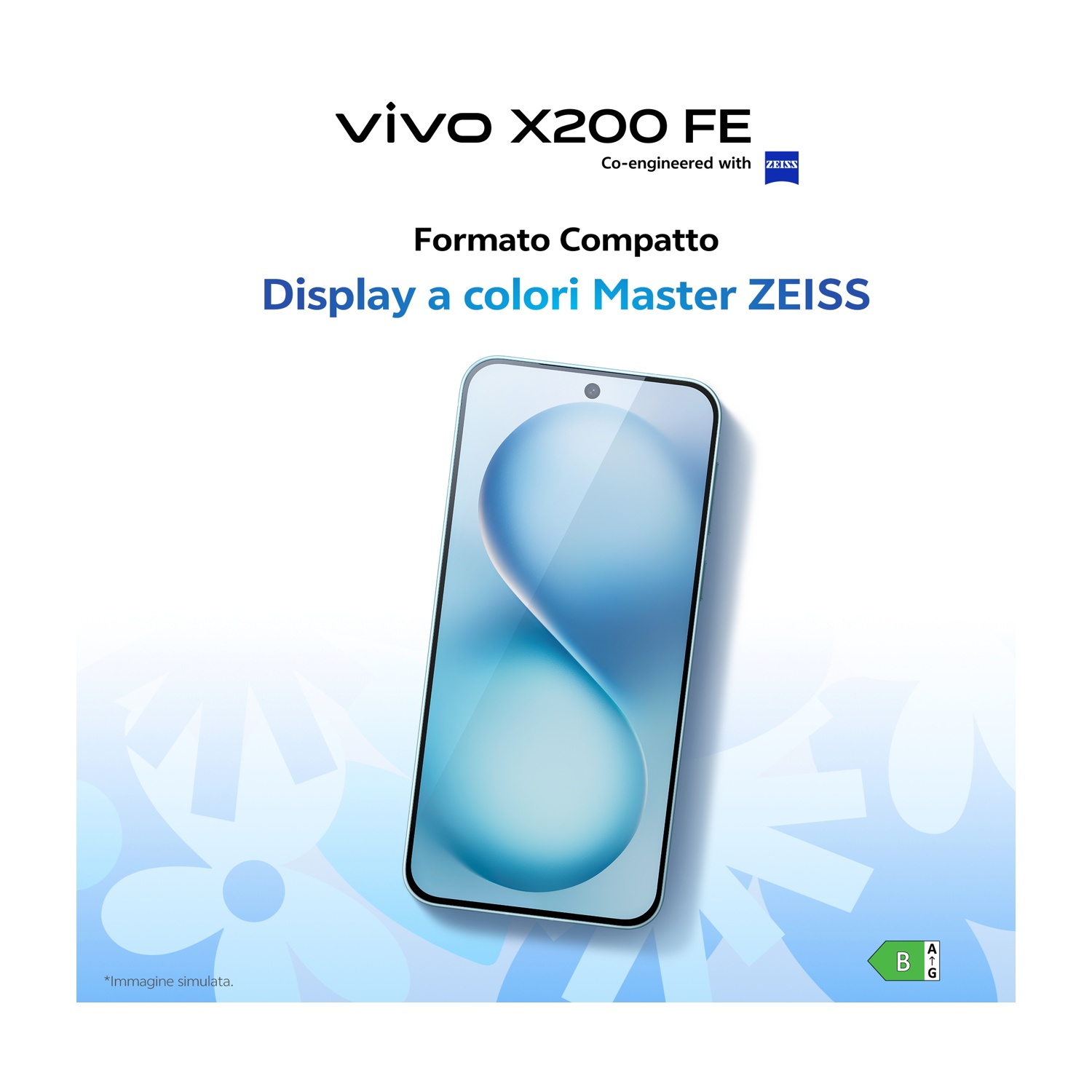 Uno smartphone mostra uno schermo blu sfumato. Il testo include vivo X200 FE, ZEISS e Display a colori Master ZEISS.