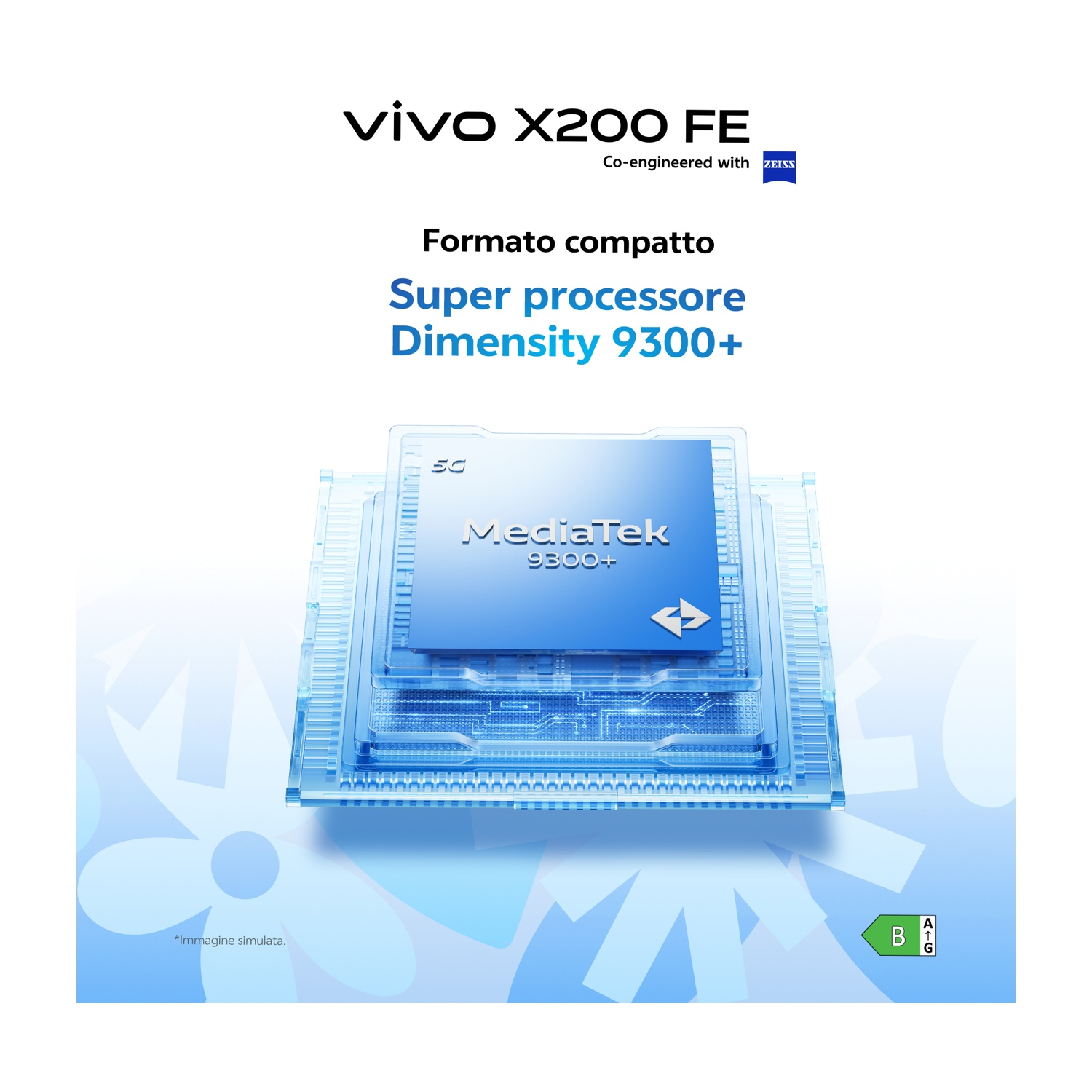 Annuncio di telefono con logo Vivo X200 FE. Evidenzia un processore MediaTek Dimensity 9300+.