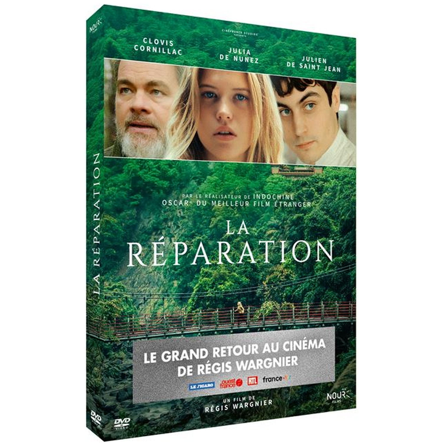 Couverture DVD du film "La Réparation" avec visages d'acteurs. Fond vert avec un pont et du texte.