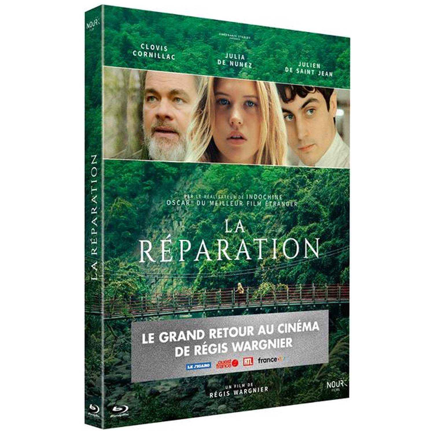 Couverture du film 'La Réparation'. Visages des acteurs Clovis Cornillac, Julia De Nunez et Julien De Saint Jean. Fond vert avec texte.