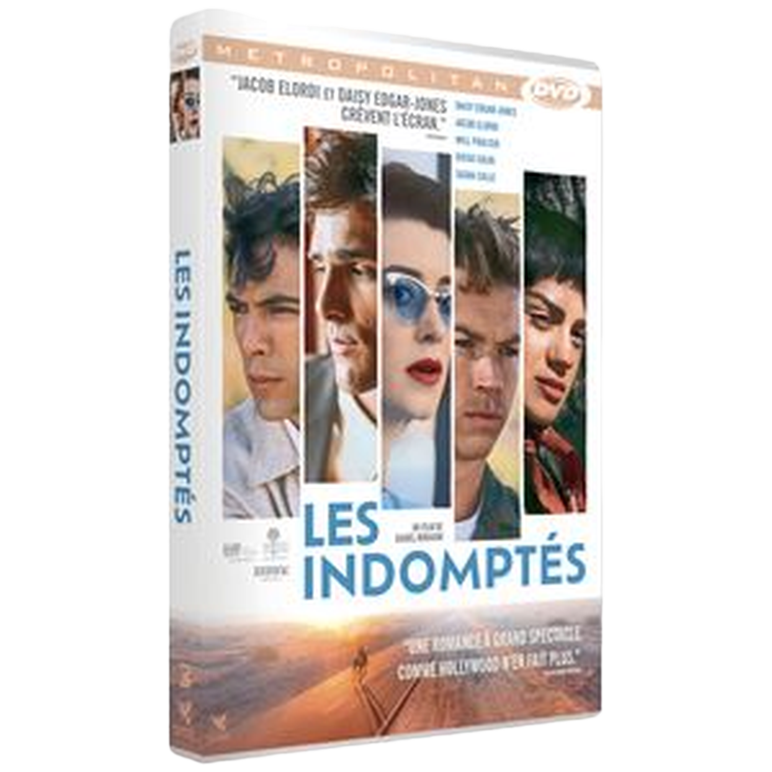 Couverture DVD de 'Les Indomptés' avec portraits d'acteurs. Le titre est en bleu. Le fond montre un paysage avec une personne.