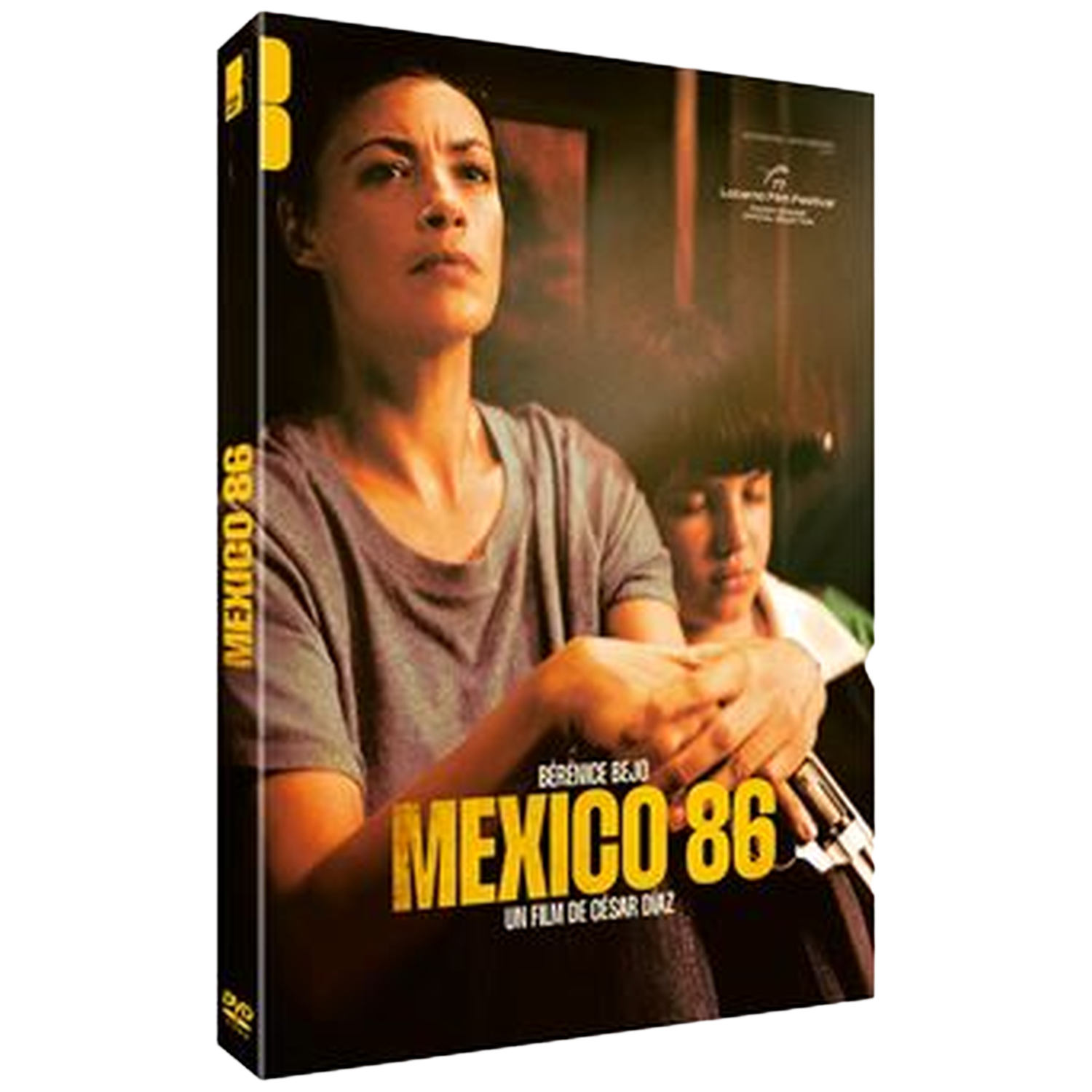 DVD-hoes voor de film Mexico 86. Een vrouw en een kind staan op de afbeelding. De titel staat in grote gele letters. Een pistool is zichtbaar.