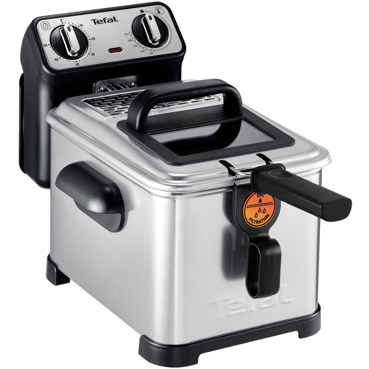 Een Tefal friteuse. Het is zilver en zwart. Het heeft draaiknoppen, een handvat en een oliefiltratie-indicator.