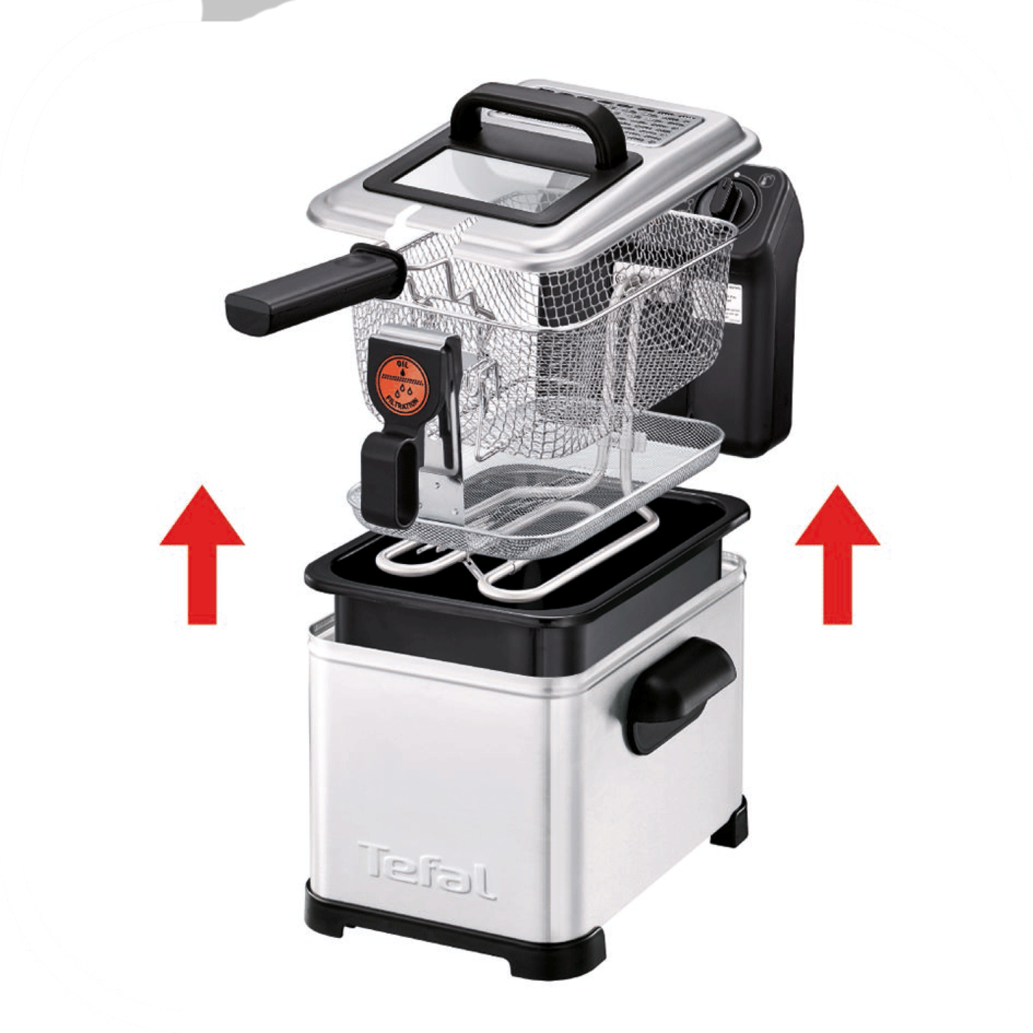 Een gedemonteerde Tefal friteuse. Onderdelen zijn een deksel, frituurmand, bedieningspaneel en basis. Rode pijlen geven de richting aan.