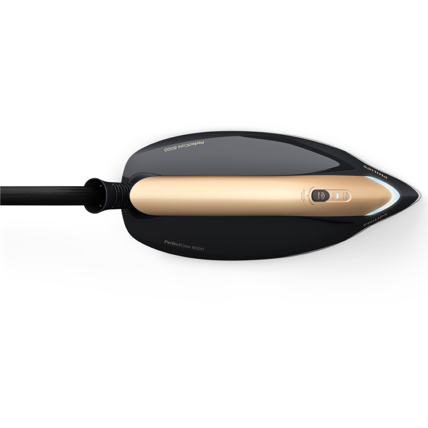 Een zwart en goud Philips PerfectCare 8000 strijkijzer, bovenaanzicht. Het heeft een zwarte handgreep en basis met gouden accenten en knoppen.