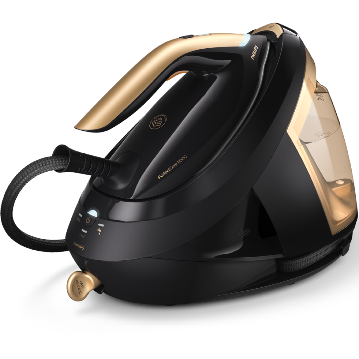 Een zwart en goud Philips PerfectCare 8000 stoomstrijkijzer. Het heeft een watertank, een aan/uit-knop en een ontkalkingsfunctie.