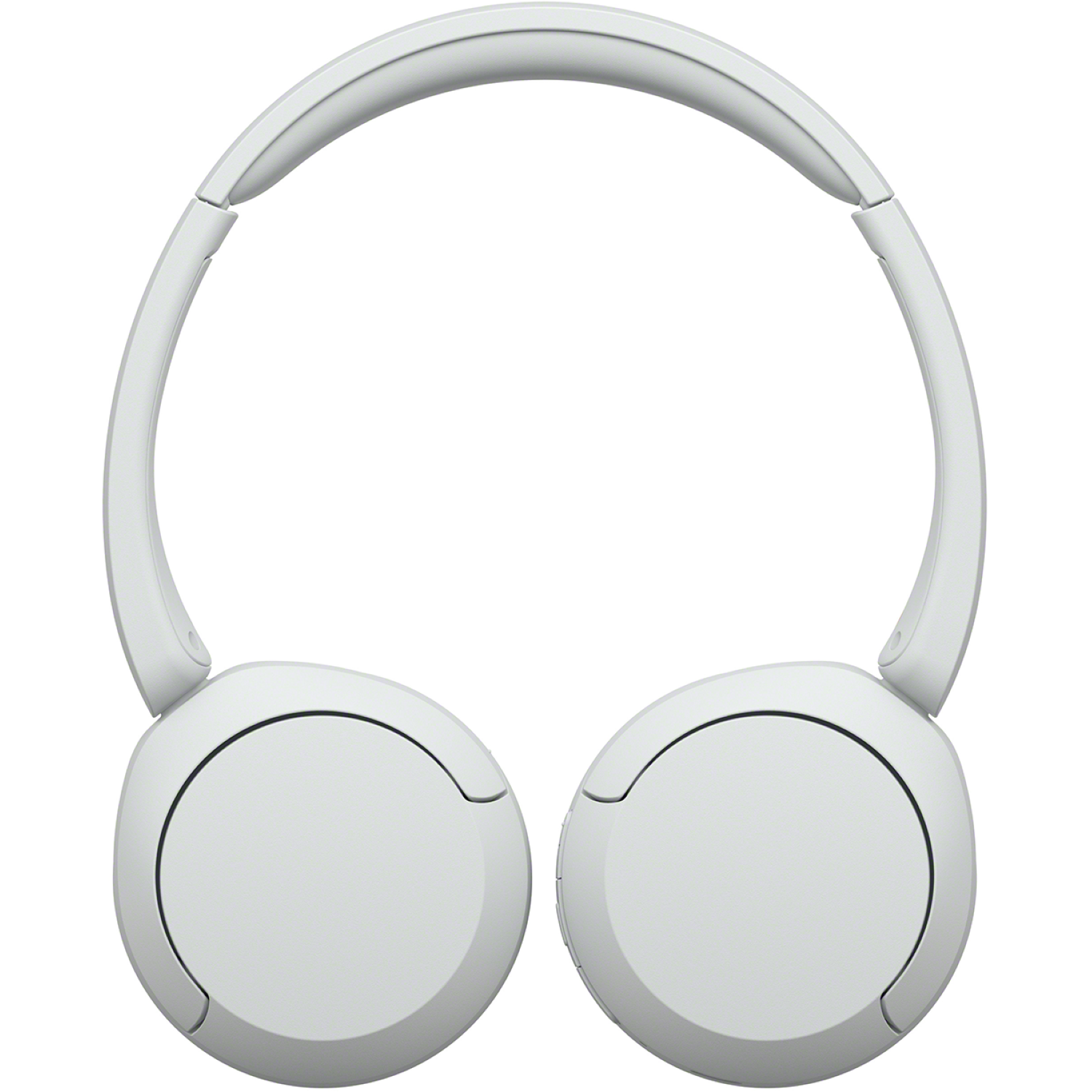 Witte koptelefoon, gecentreerd, met een gebogen hoofdband die twee cirkelvormige oorschelpen verbindt. De achtergrond is wit.