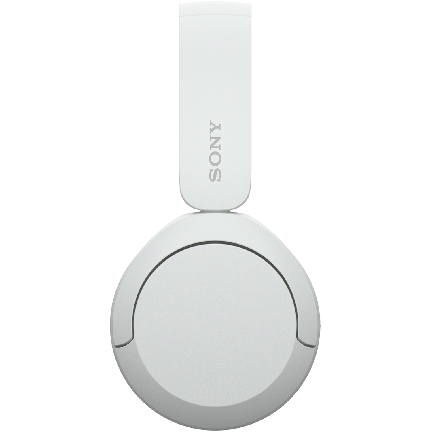 Witte Sony-koptelefoon, vooraanzicht. De band is omhoog, waardoor de oorschelpen zichtbaar zijn. De merknaam staat op de band.