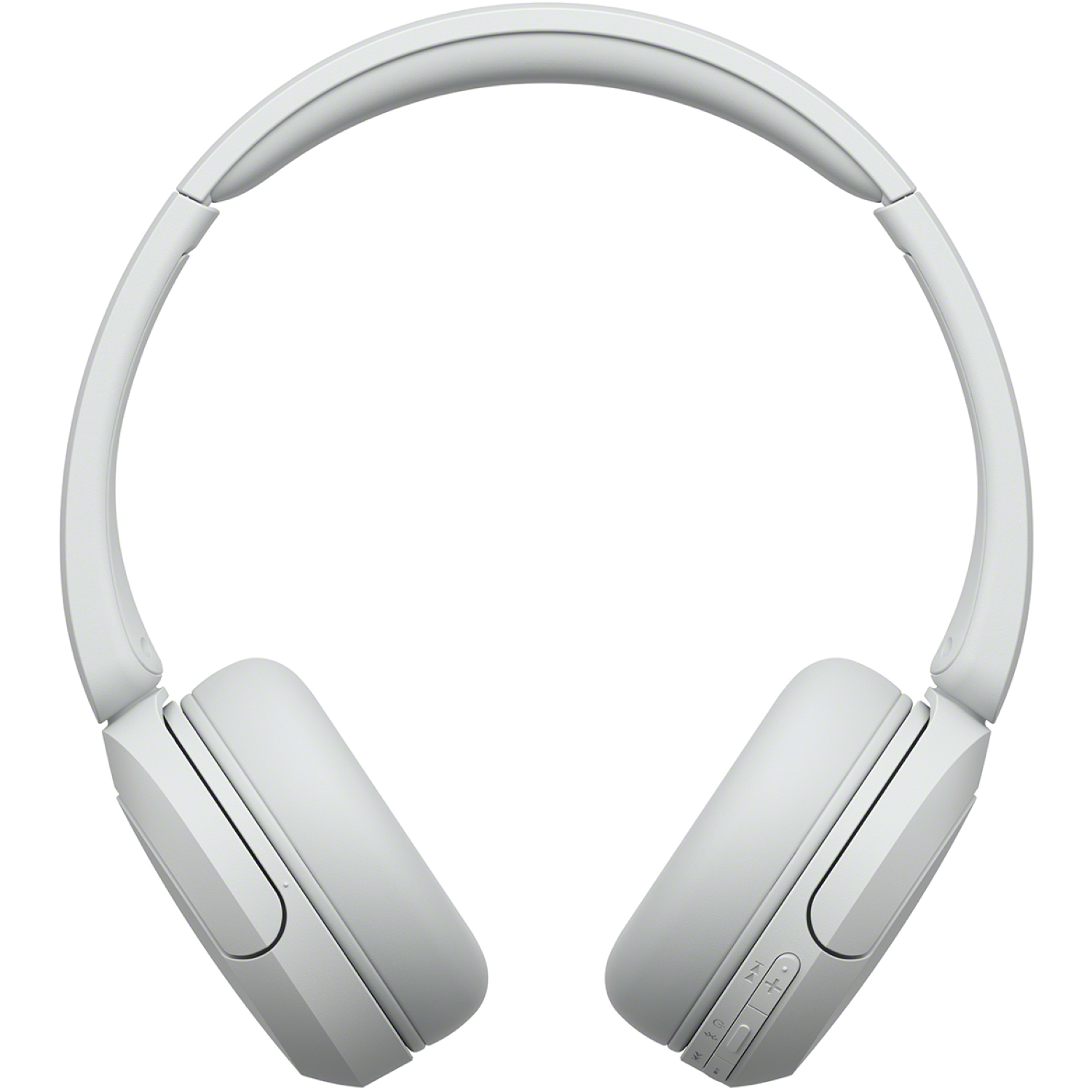Een paar lichtgrijze over-ear koptelefoons. De koptelefoon wordt van bovenaf getoond, met een witte achtergrond.
