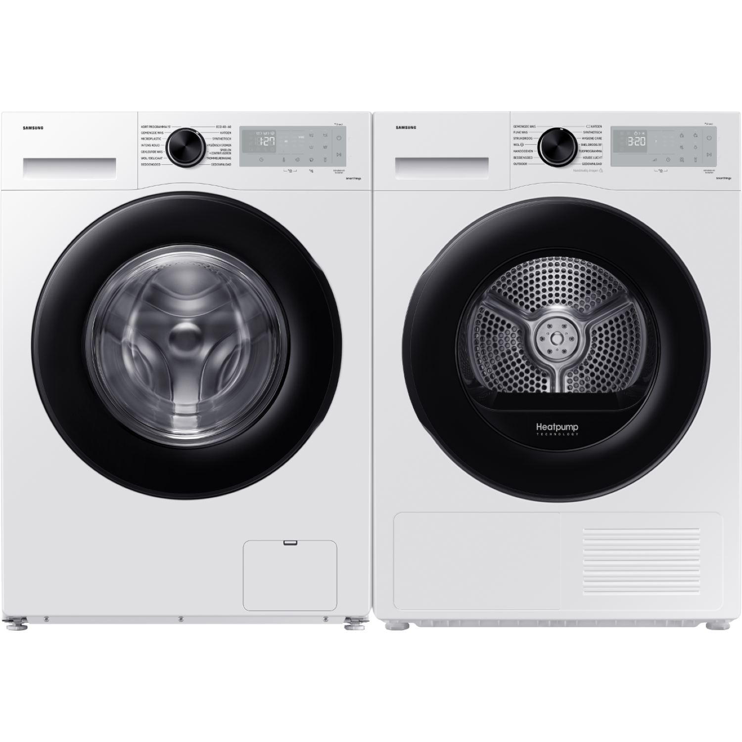Een witte Samsung wasmachine en droger set. Elk heeft een zwarte deur. De wasmachine toont 1:27, de droger 3:20.