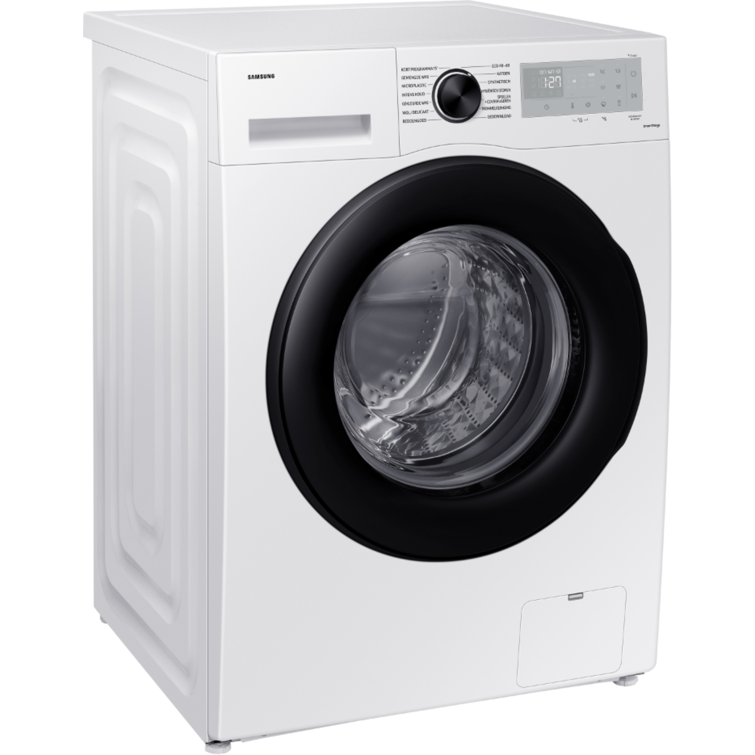Een witte Samsung wasmachine. Het heeft een zwarte deur en een digitaal display. De machine staat op een witte achtergrond.
