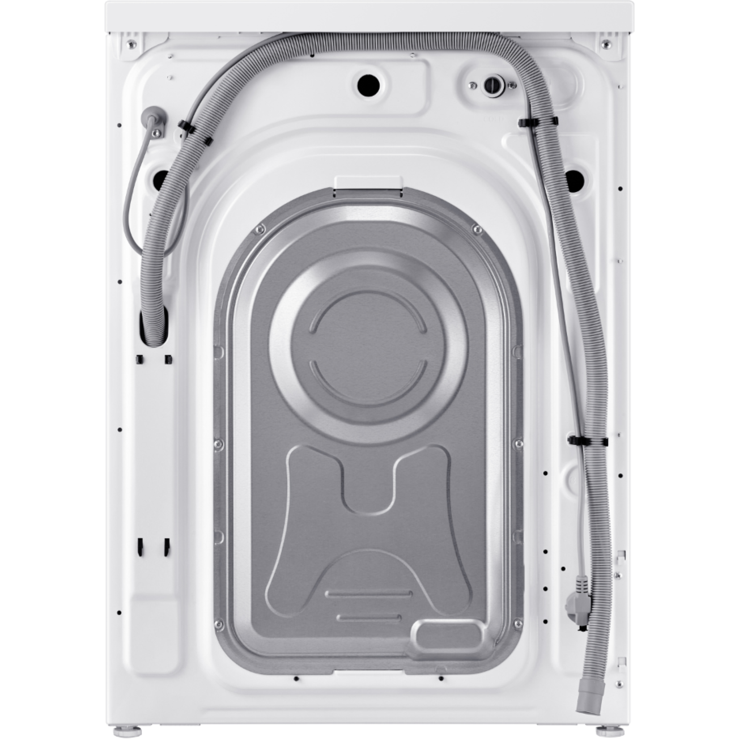 Achterkant van een witte wasmachine met een zilveren metalen paneel en grijze slangen. De machine staat op een wit oppervlak.