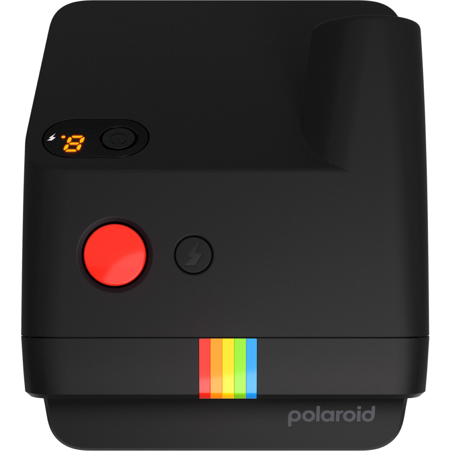 Een zwarte Polaroid camera met een rode knop, regenboogstreep en oranje display met '8.'. Het Polaroid logo is zichtbaar.