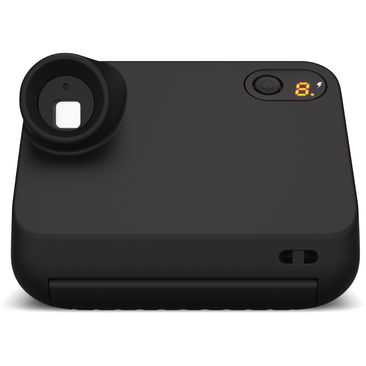 Een zwarte Polaroid camera met zoeker, aan/uit-knop en een digitaal display met '8.'.