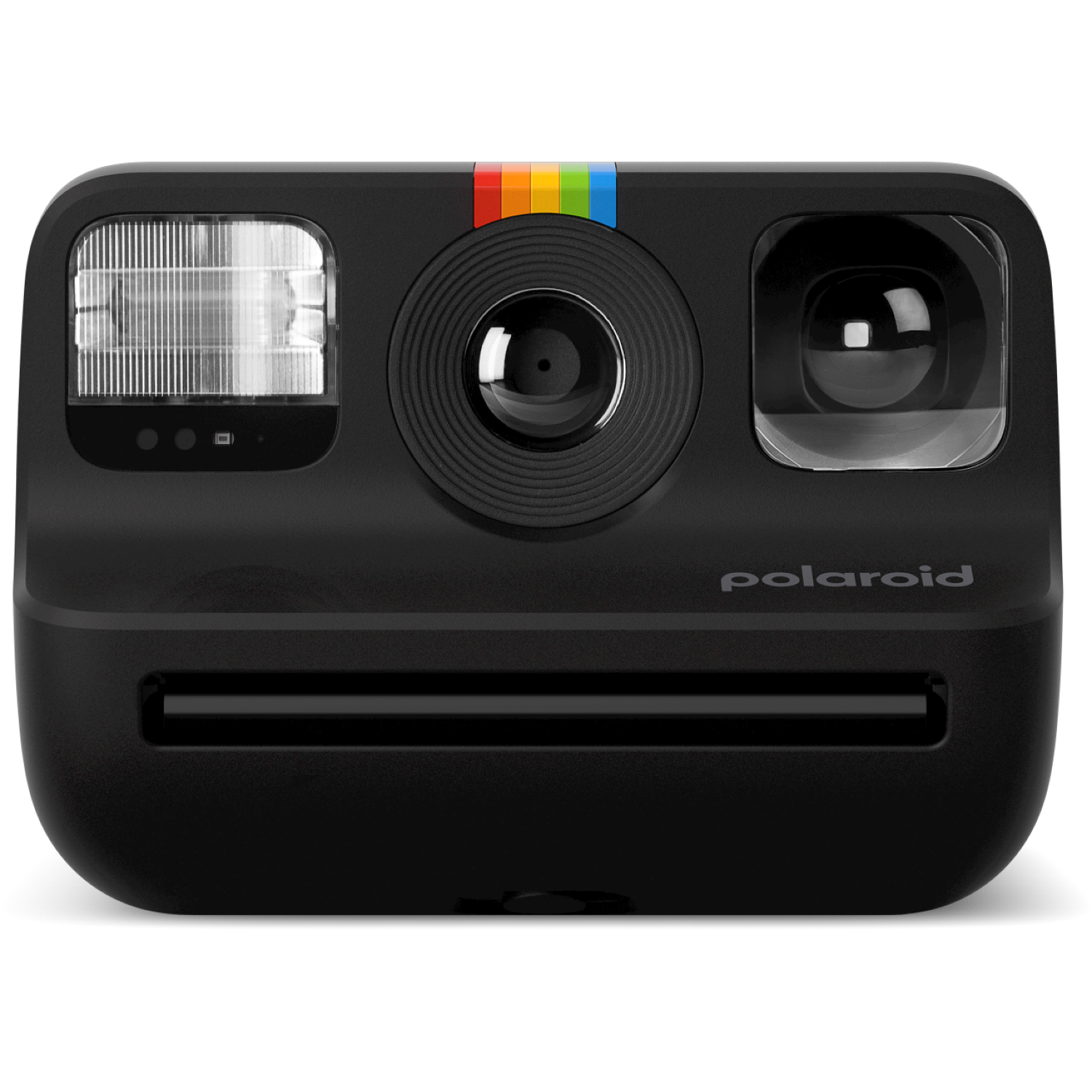 Een zwarte Polaroid camera met flits, lens en regenboogstreep. Het woord 'polaroid' staat op de voorkant.