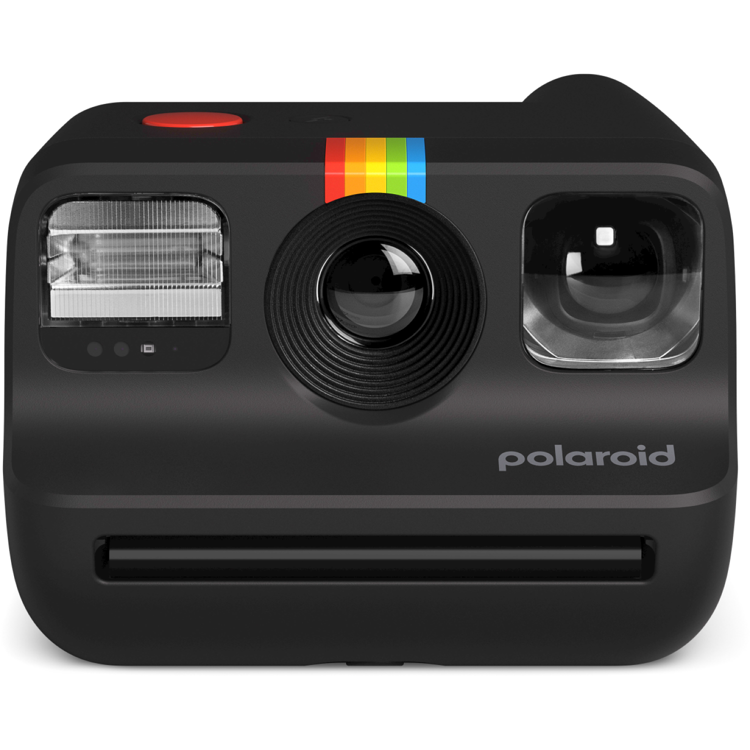 Een zwarte Polaroid-camera met een regenboogstreep. Het heeft een flitser, lens en een rode knop. Het woord 'polaroid' staat vooraan.
