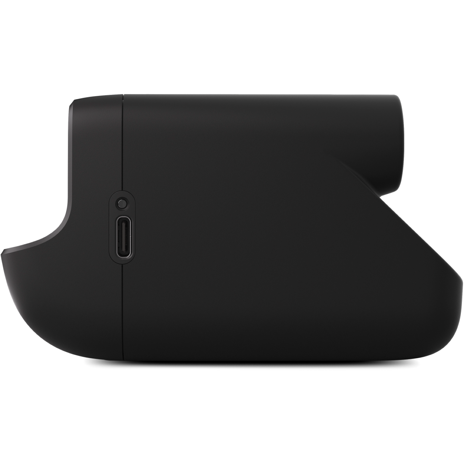 Een zwart apparaat met een gebogen ontwerp, voorzien van een USB-C-poort. Het apparaat staat op een witte achtergrond.