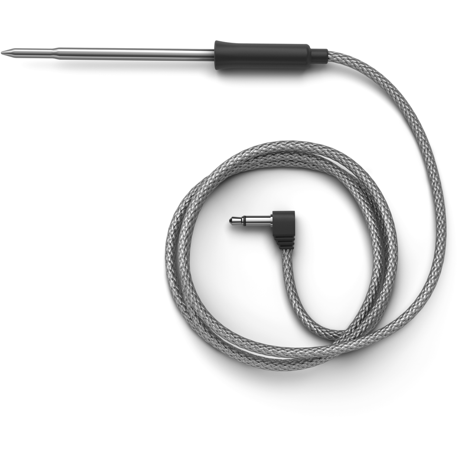 A silver meat thermometer with a black handle and coiled cable, ending in a jack, lies on a white surface.