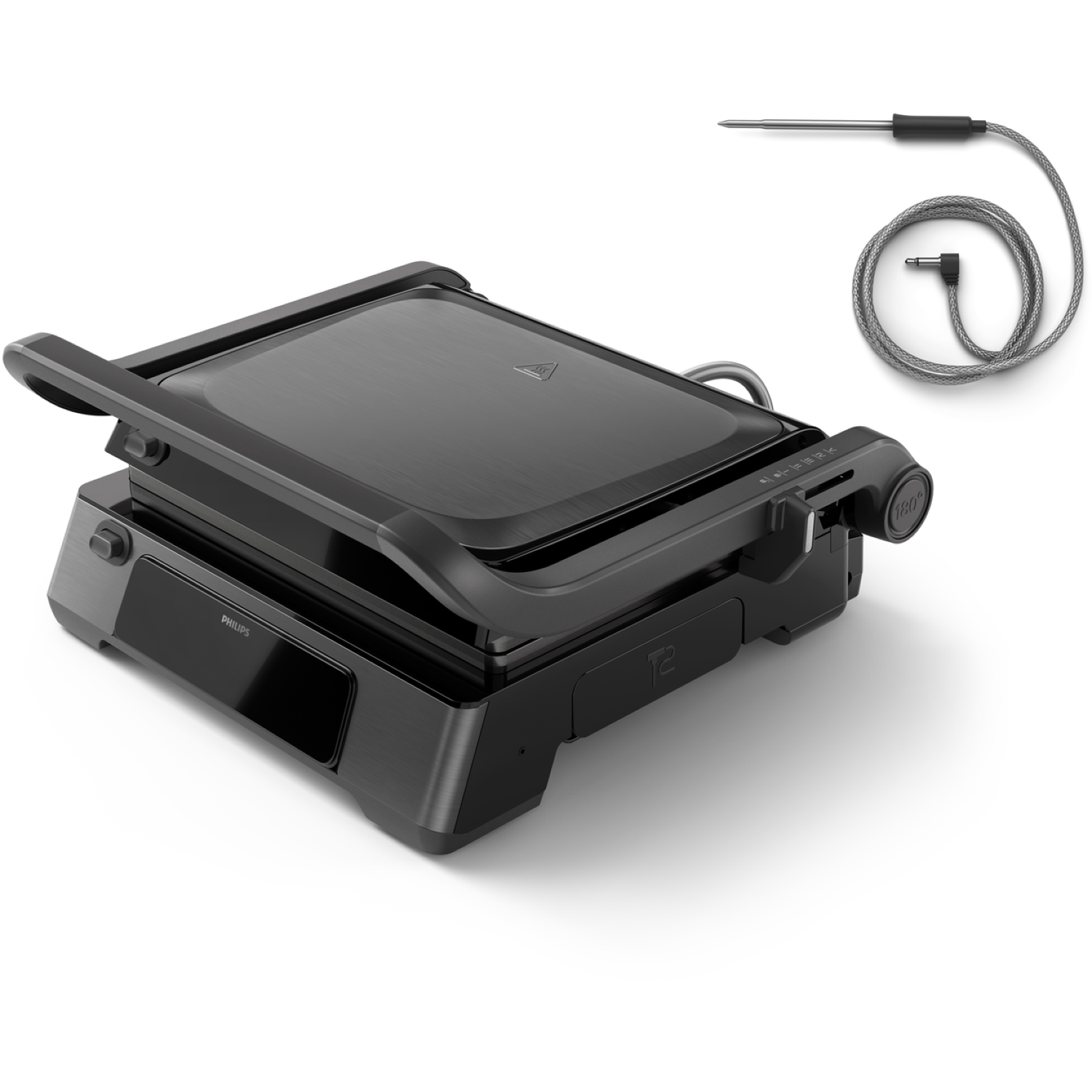 A black Philips grill with a closed lid. A temperature probe is on the right. The grill is on a white background.
