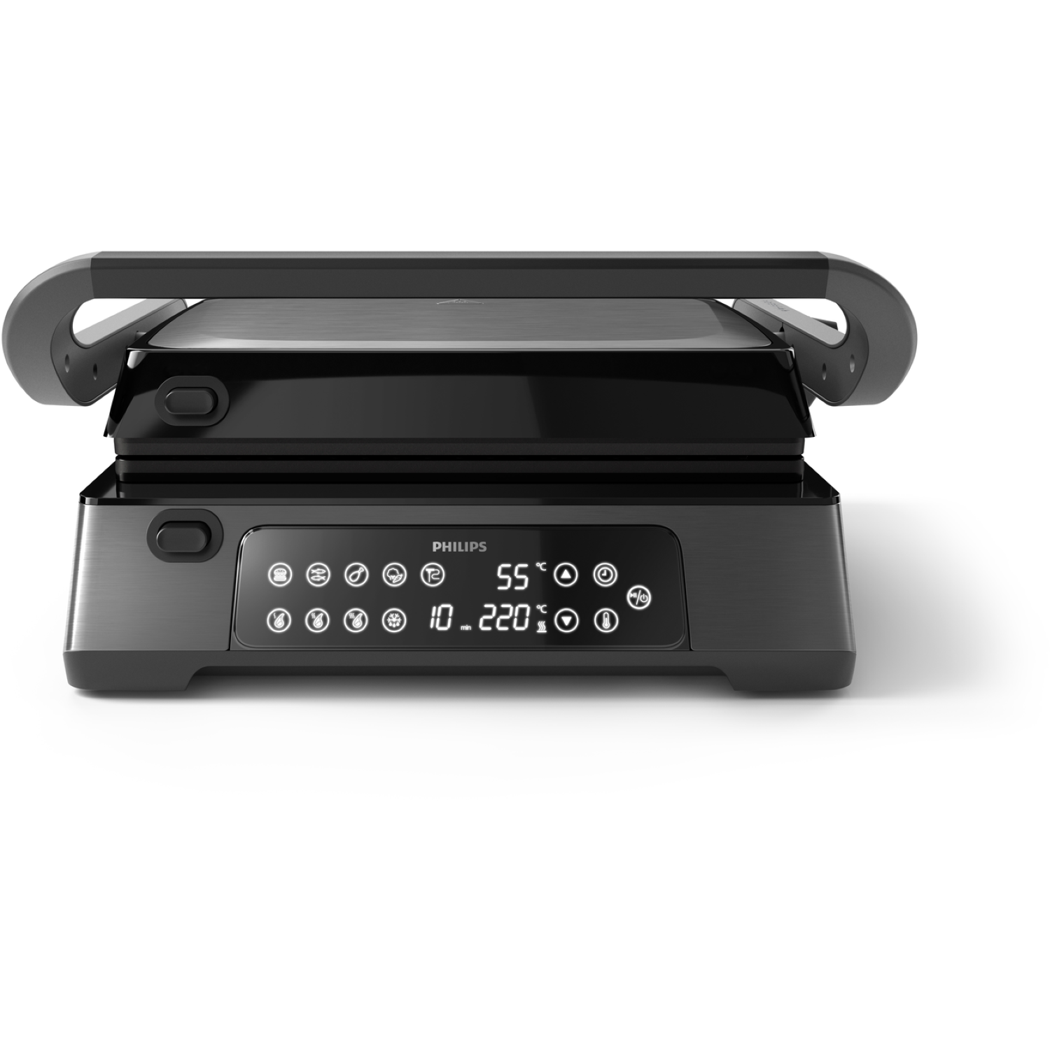 A black and gray Philips grill with digital display. It has a handle and a closed top, on a white background.