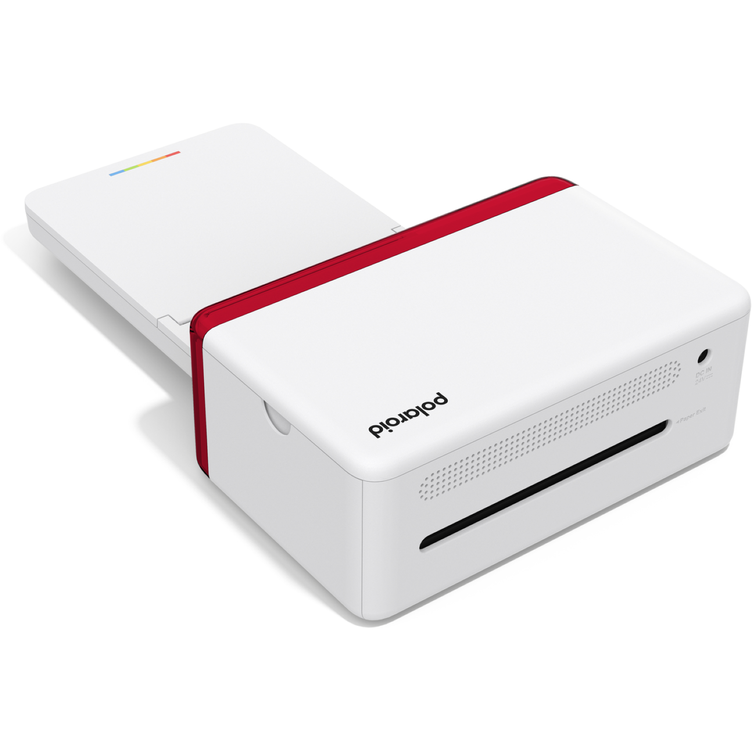A white Polaroid printer with a red accent. It has a slot for paper output. The top has a multicolor stripe, and the brand name is visible.
