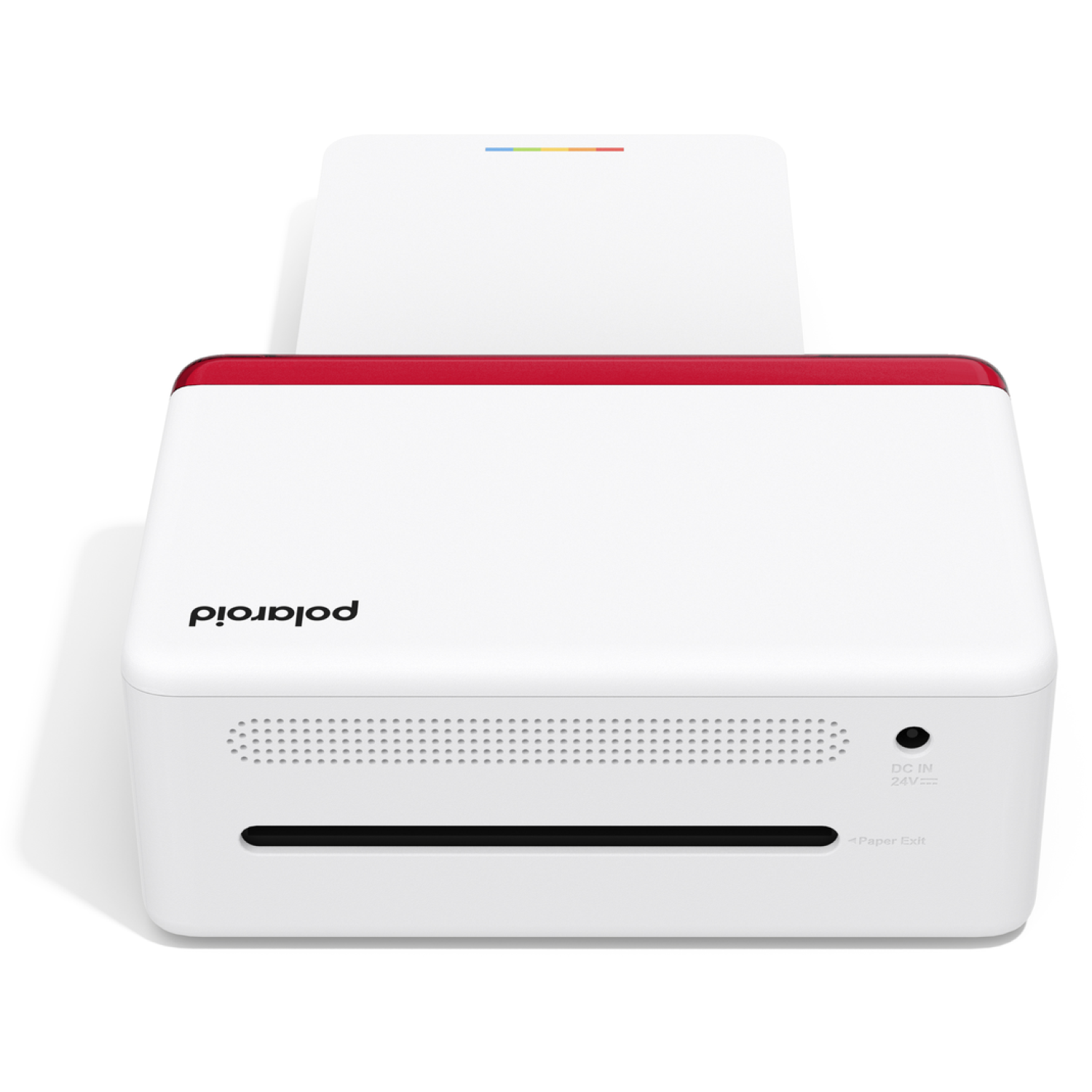 A white Polaroid printer with red trim. Paper is emerging from the top. Front has 'Polaroid' and paper exit slot. 