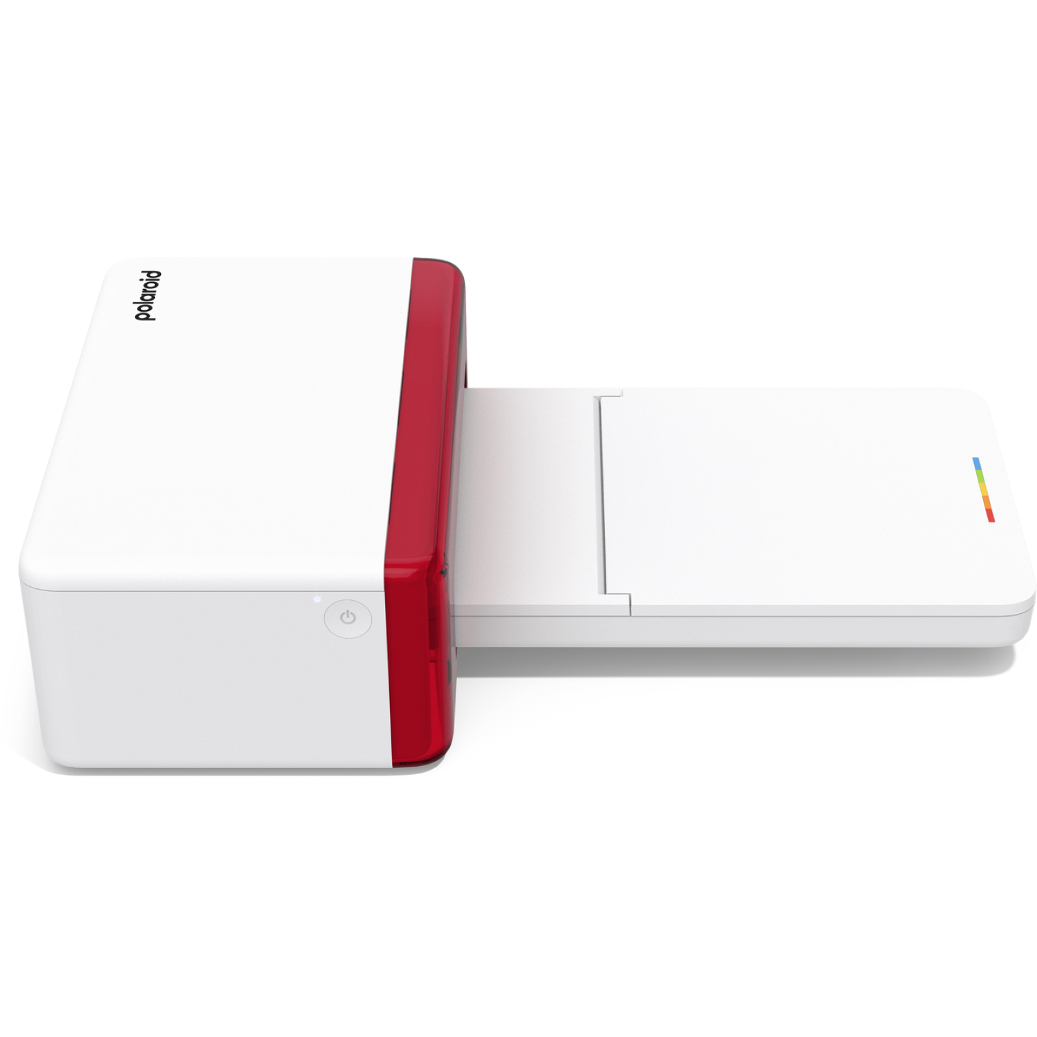 A white and red Polaroid printer with an extended white tray. A power button is on the side. A rainbow stripe is on the tray.