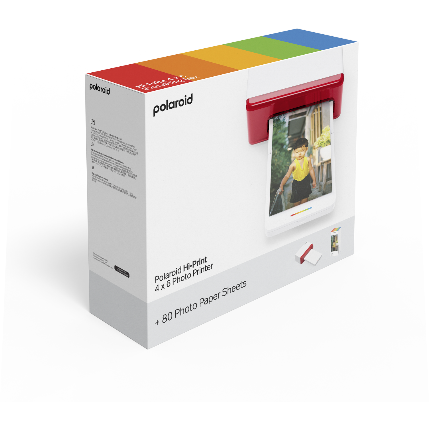 A Polaroid Hi-Print 4x6 photo printer box. Features a printed photo of a child. The box is white with the brand name and colorful stripes.