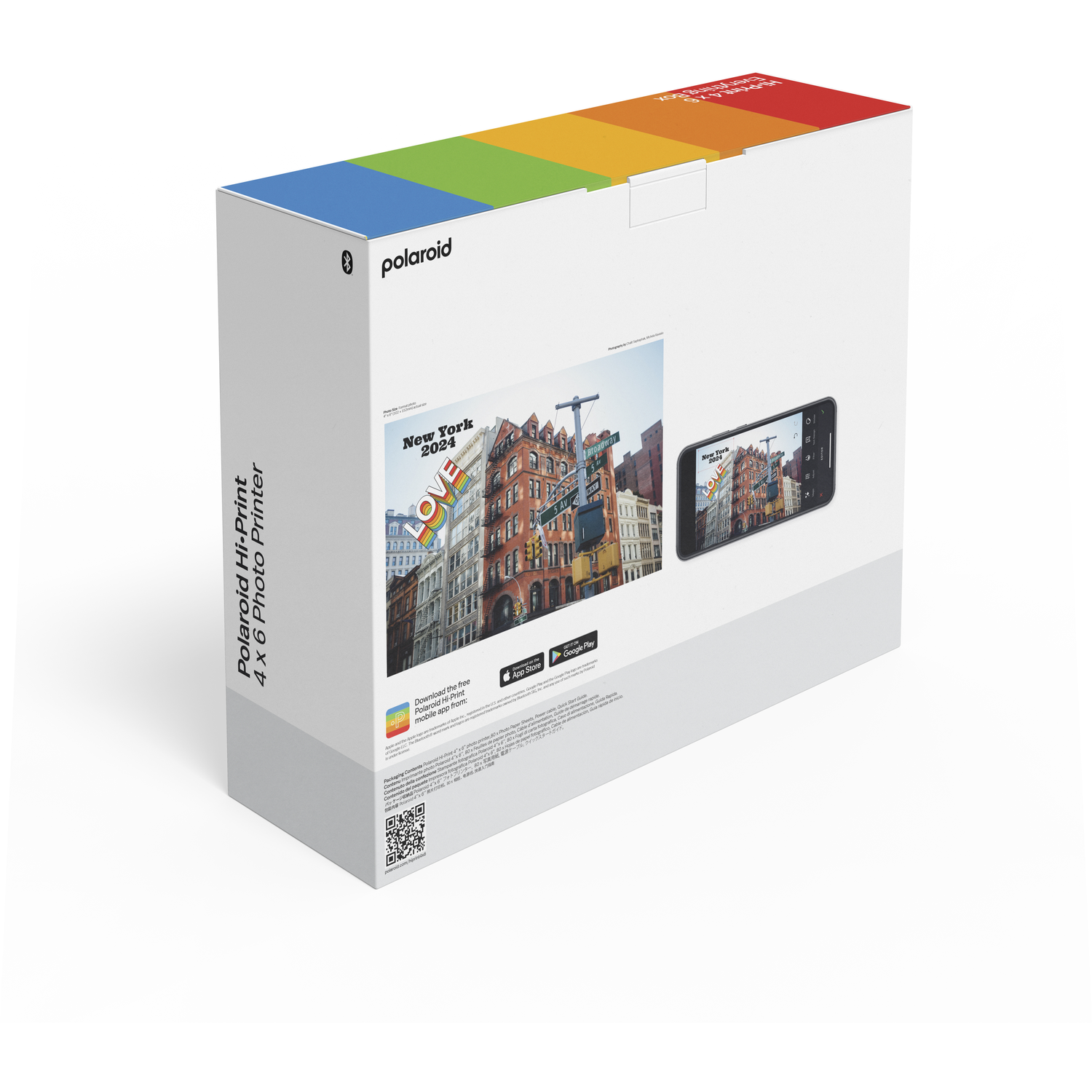 Polaroid Hi-Print box with a New York 2024 image and a phone displaying a similar image. Box has rainbow colors.