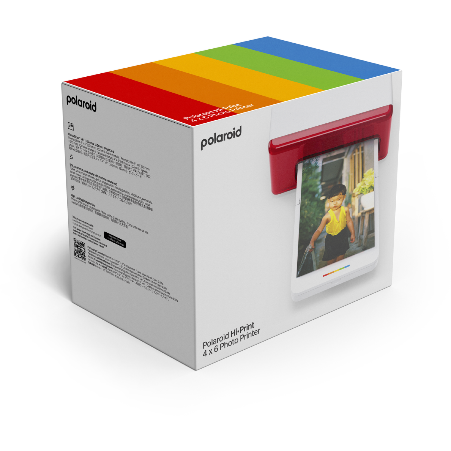 Polaroid Hi-Print box shows printer and photo. Box is white with a rainbow top. A photo of a child is on the front.