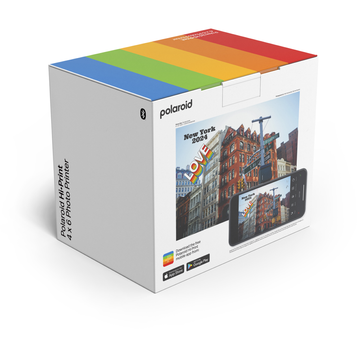 Polaroid Hi-Print box. The box has a New York 2024 image and a phone displaying the same image. Rainbow colors on top.