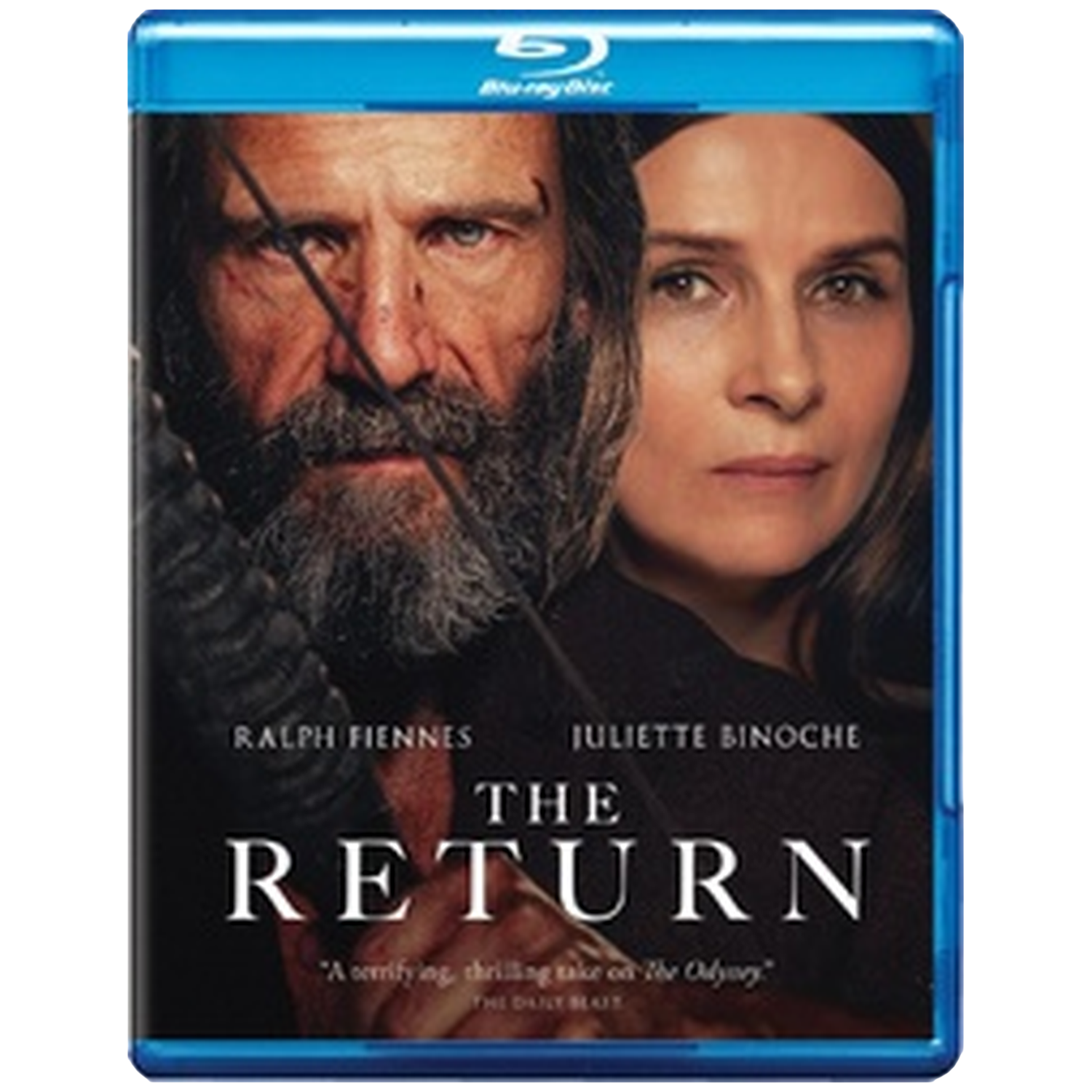 Couverture Blu-ray du film "The Return". Avec Ralph Fiennes et Juliette Binoche. Fond sombre avec titre en lettres blanches en gras.