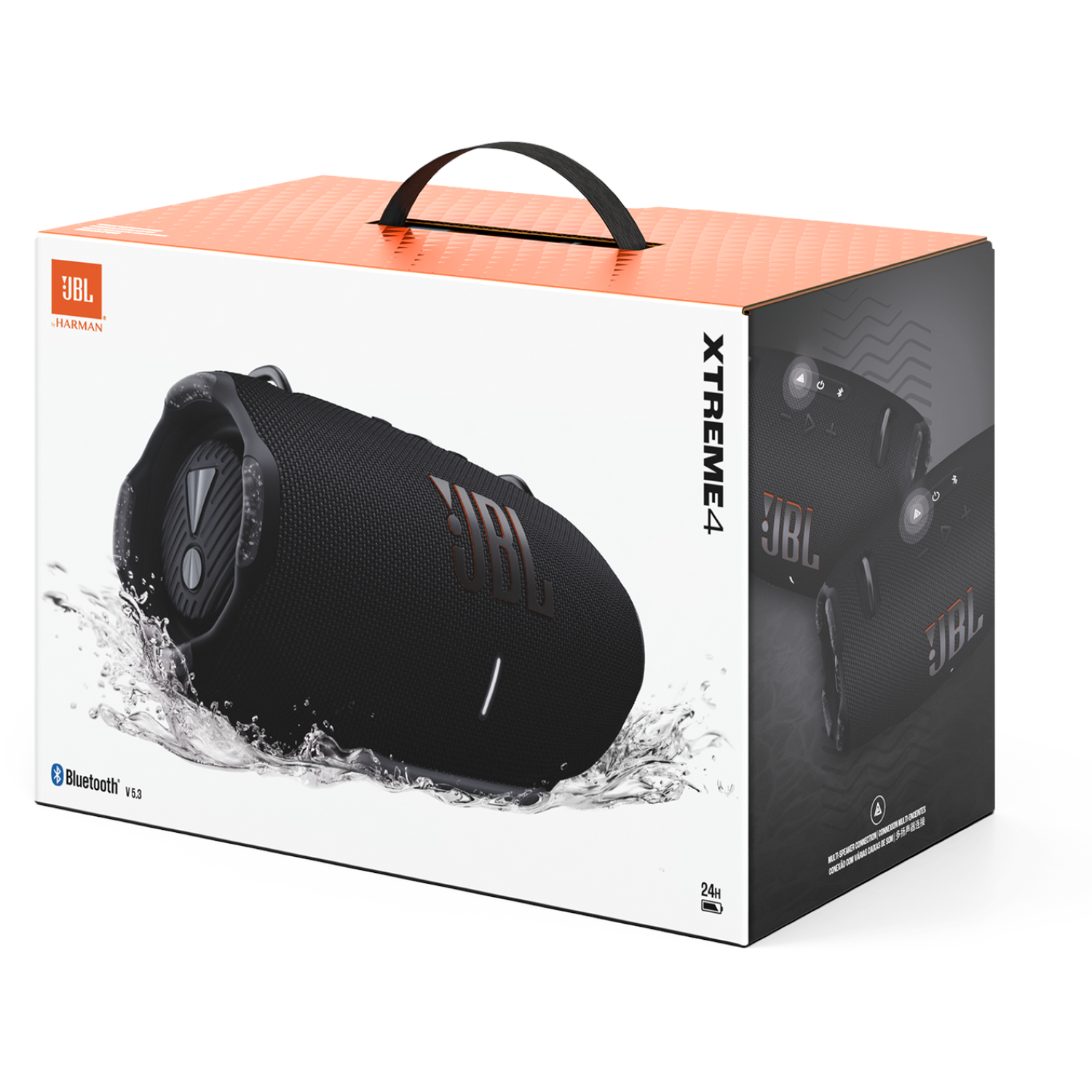 JBL Xtreme 4 speaker in its box. Black speaker with water splash effect. Orange and black box with handle. Bluetooth logo.