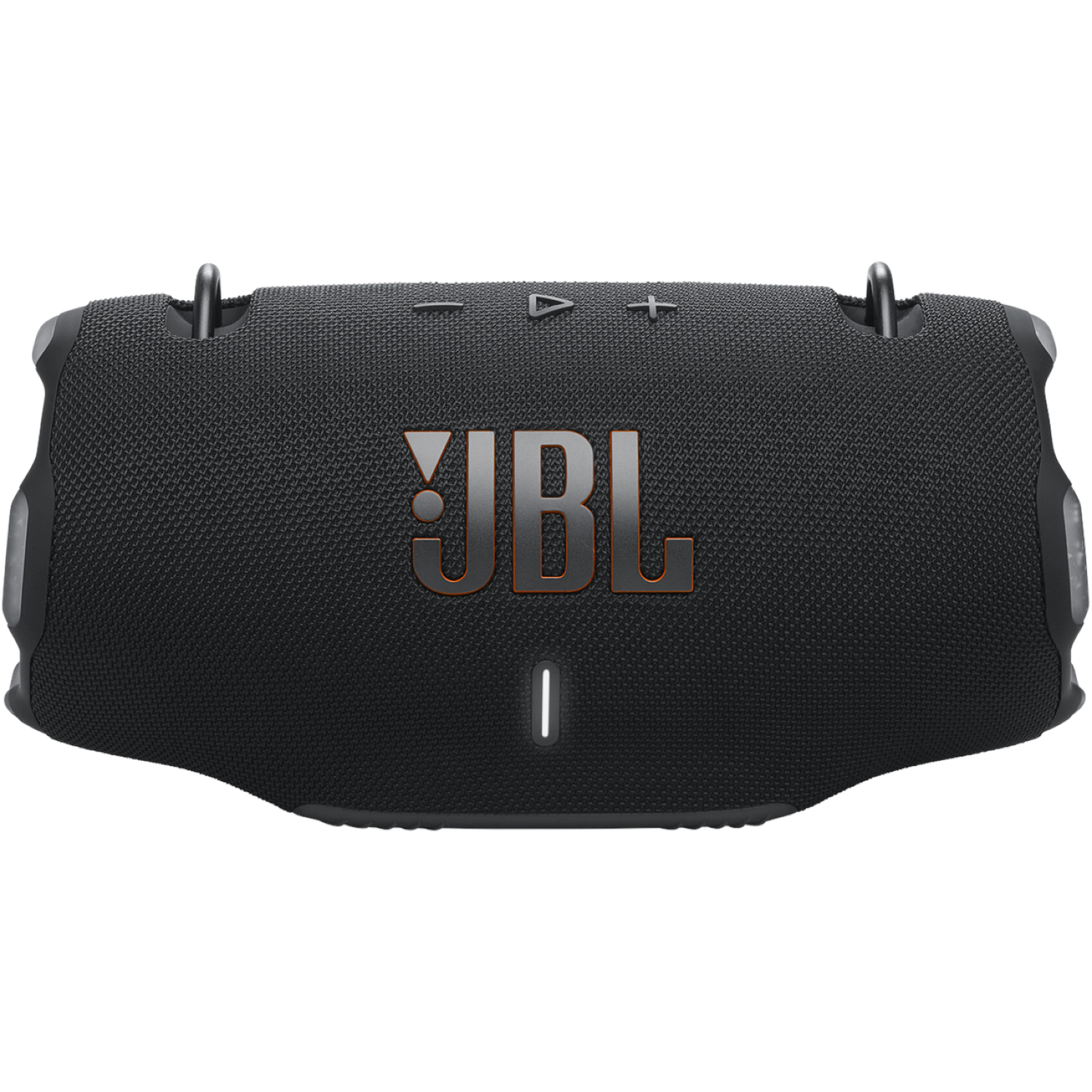 A black JBL speaker with the JBL logo. It has volume controls and a power indicator. The speaker is on a white background.