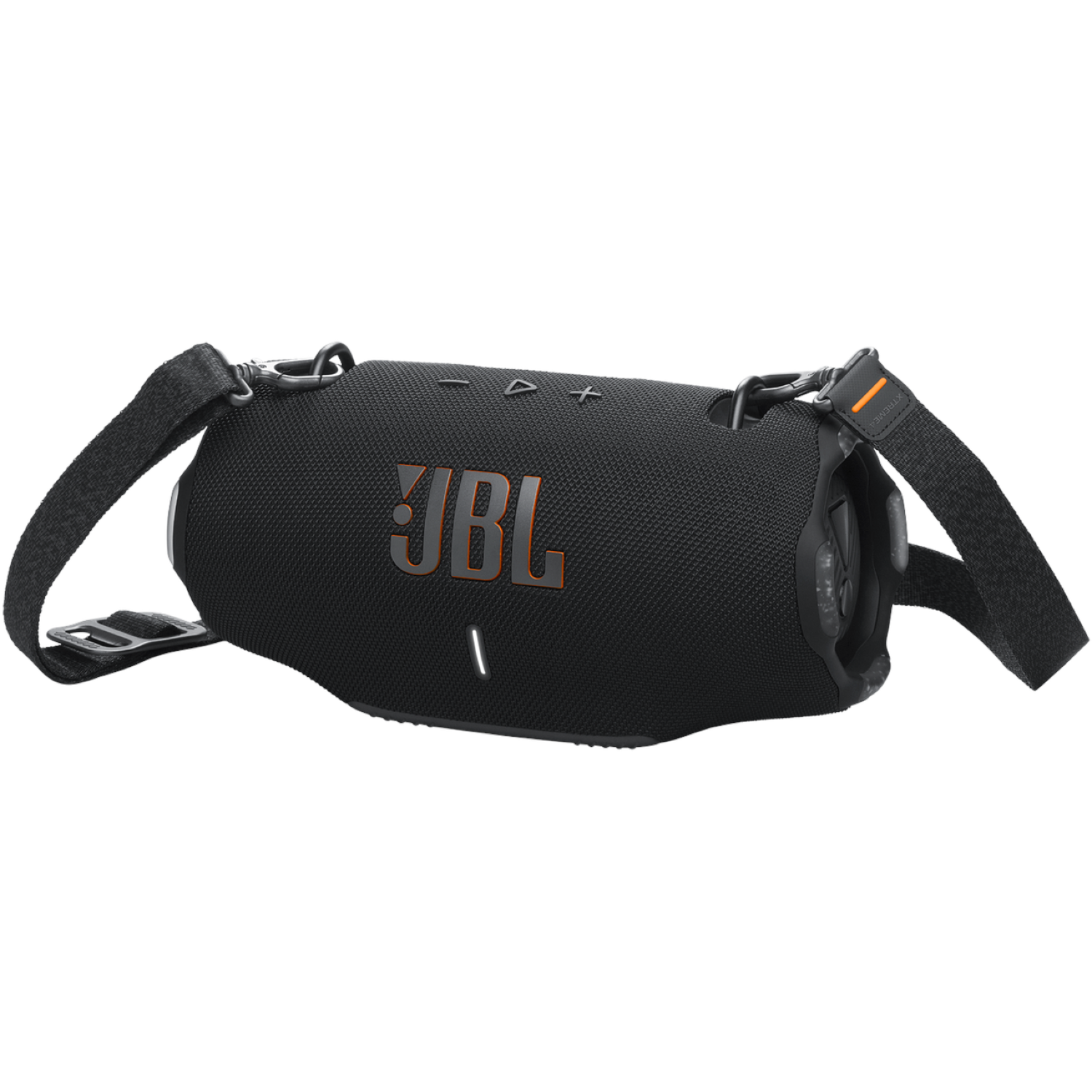 Black JBL speaker with shoulder strap. The speaker has the JBL logo and control buttons on top. The background is white.