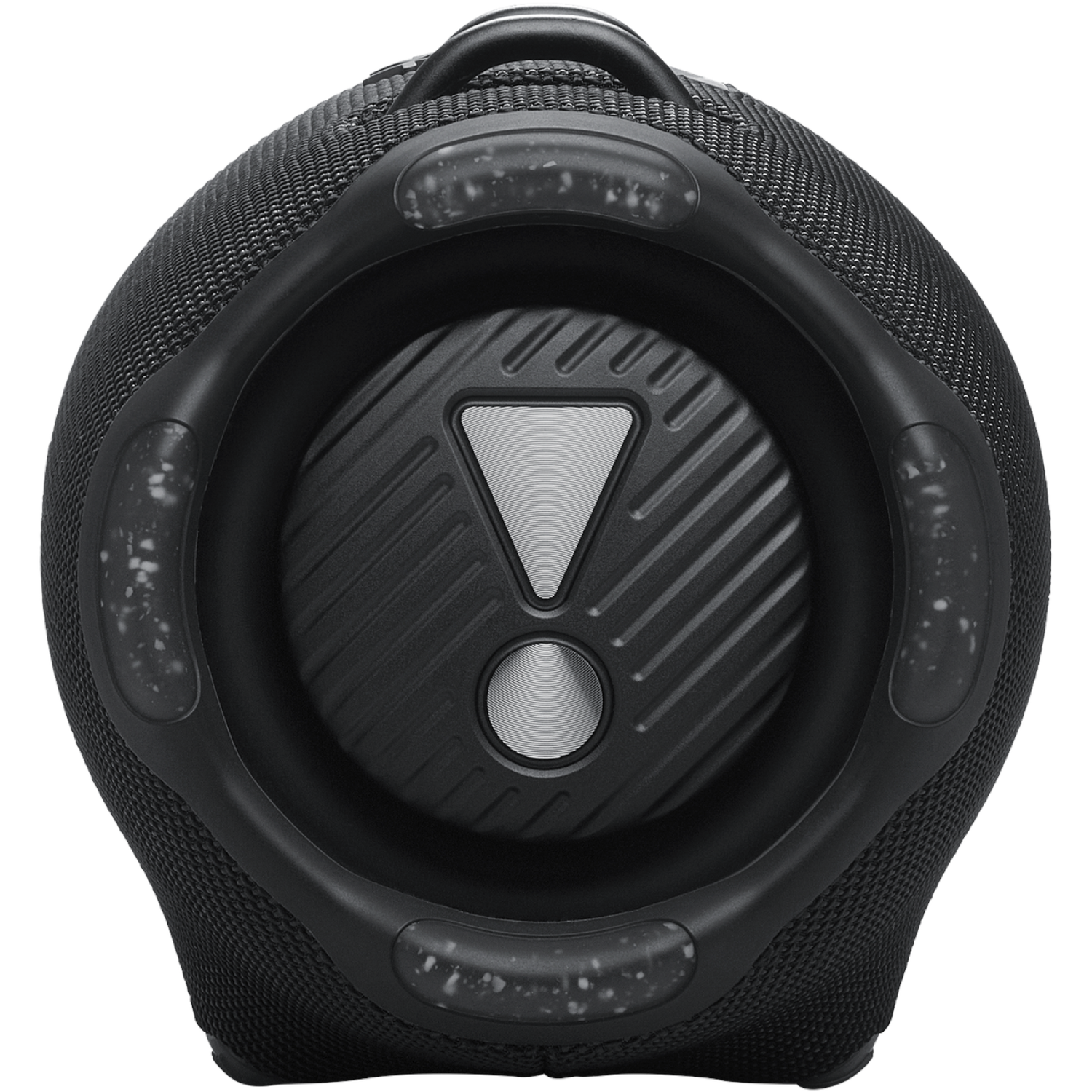 A black JBL speaker with a handle. The speaker has a mesh fabric, a central logo, and a circular design.