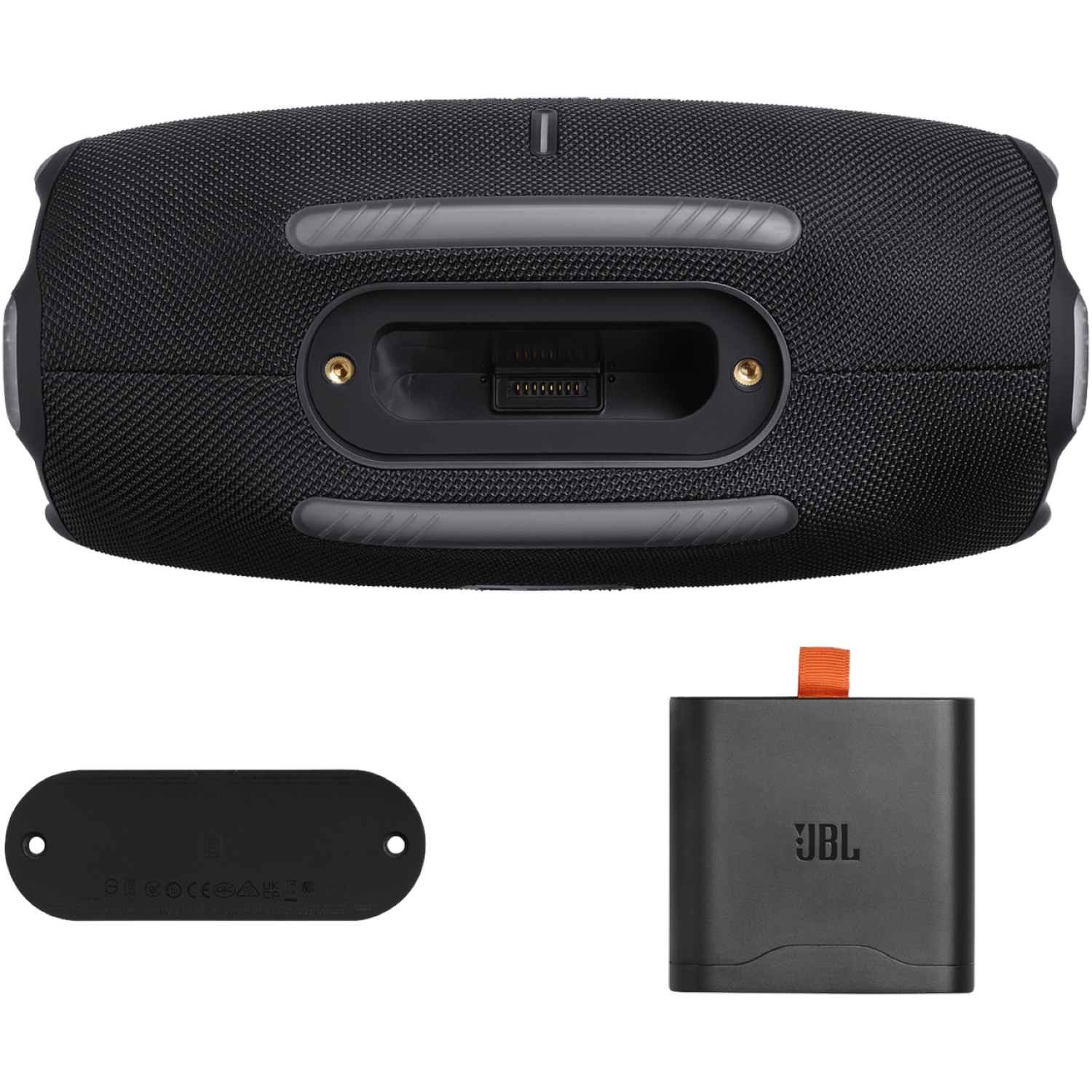 Black JBL speaker with a charging port, plus a black battery pack and an oval black bottom part on a white background.